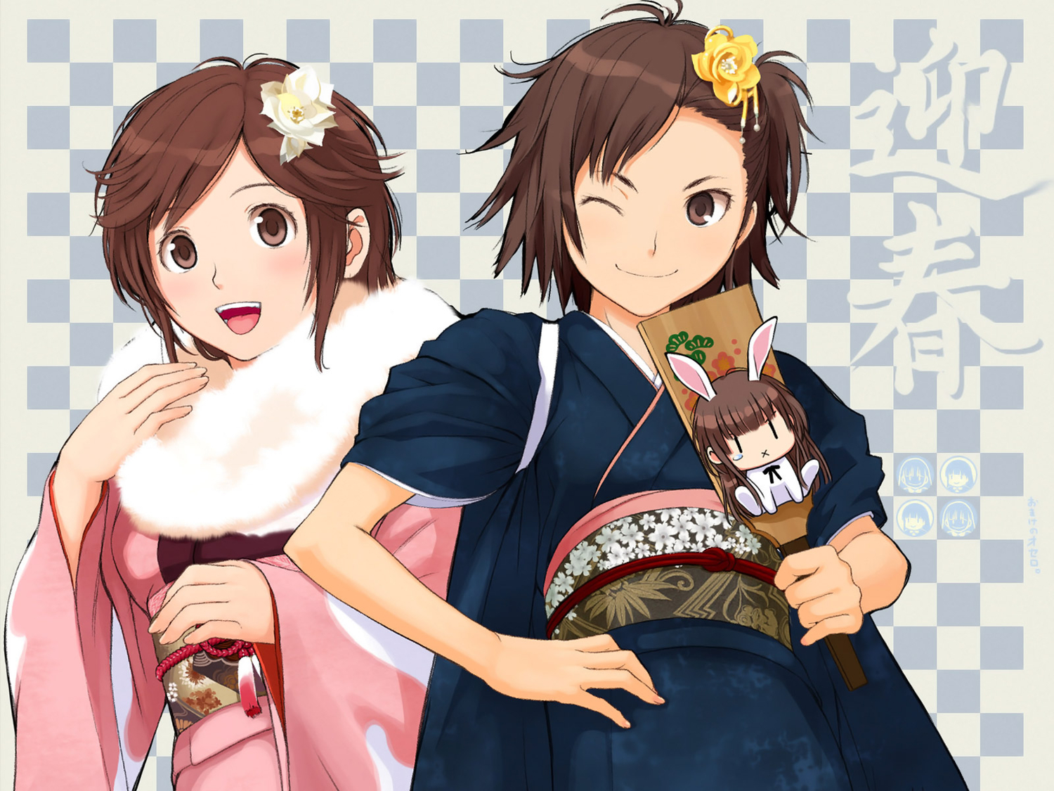 amagami, animal_ears, brown_eyes, brown_hair, bunny_ears, bunnygirl, flowers, itou_kanae, japanese_clothes, kimono, sakurai_rihoko, takayama_kisai