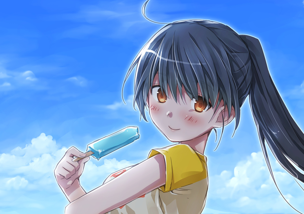 black_hair, blush, brown_eyes, clouds, long_hair, natsu_natsuna_(imomu), ponytail, popsicle