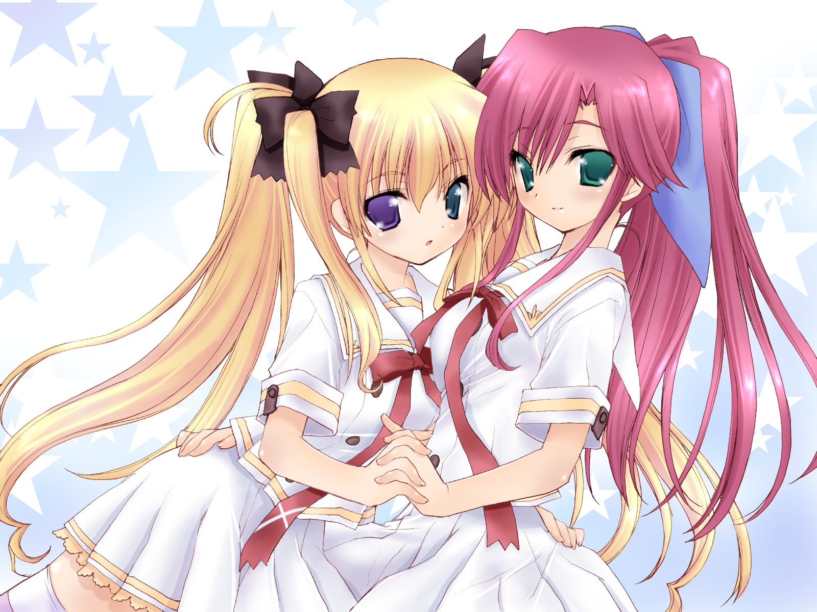 2girls, bicolored_eyes, futaba_hinata, green_eyes, hoshiful, hoshikawa_ruka, ponytail, red_hair