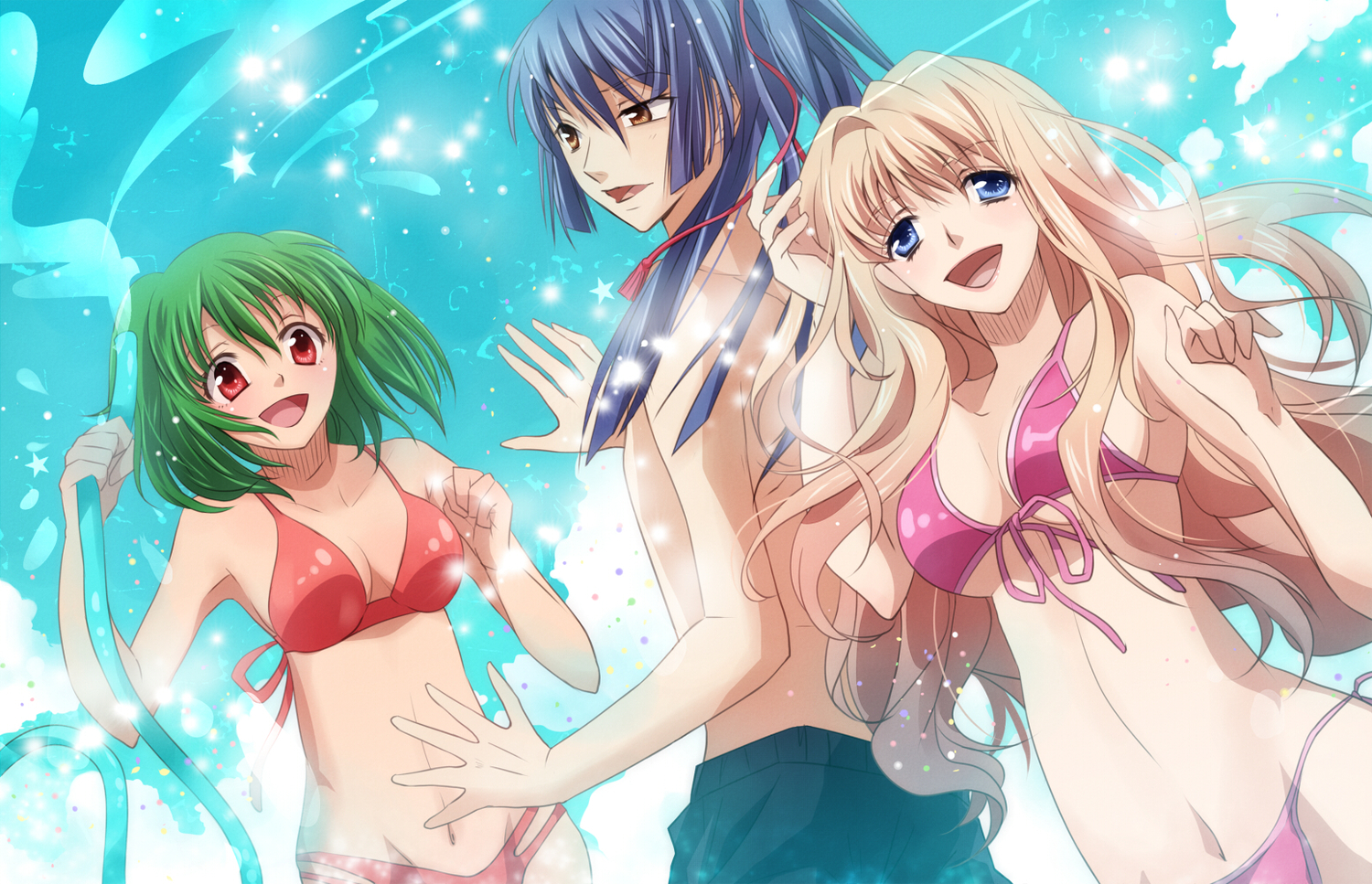 bikini, blonde_hair, blue_hair, green_hair, macross, macross_frontier, male, ranka_lee