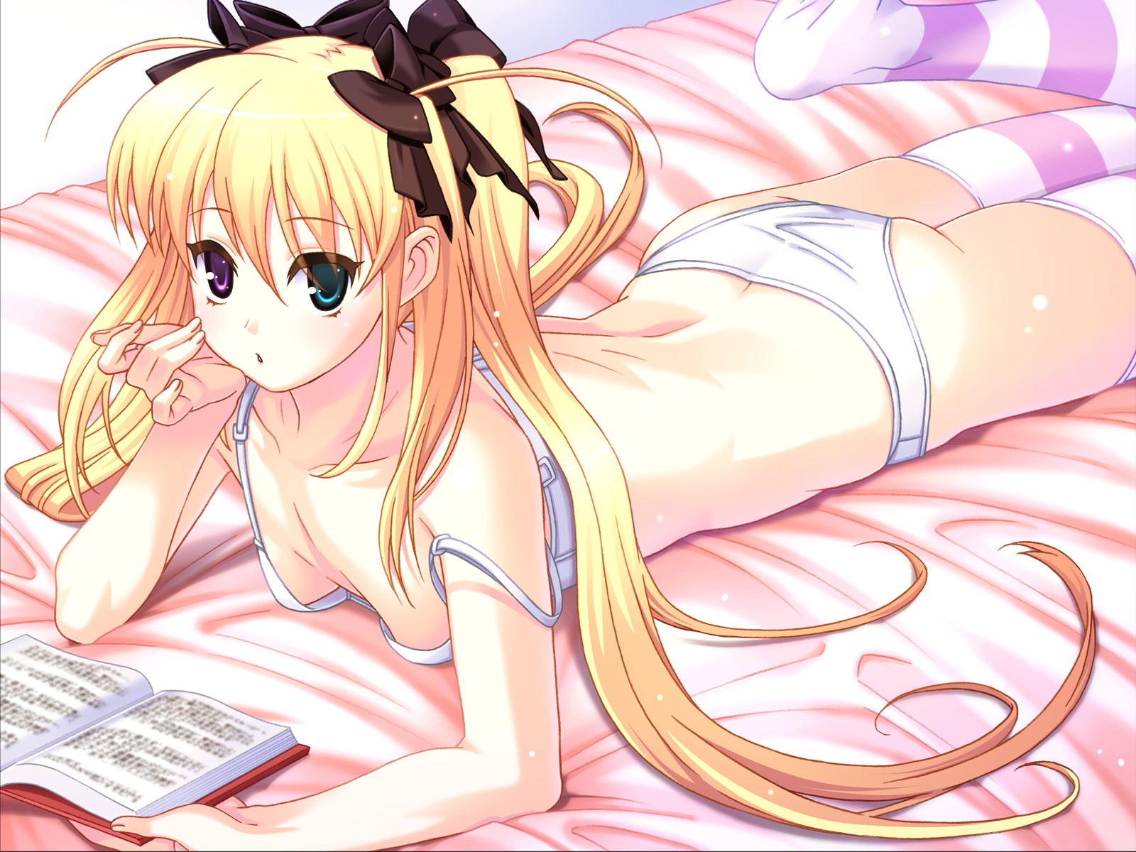 bed, bicolored_eyes, blonde_hair, book, breasts, cleavage, hoshiful, hoshikawa_ruka, panties, thighhighs, twintails, underwear