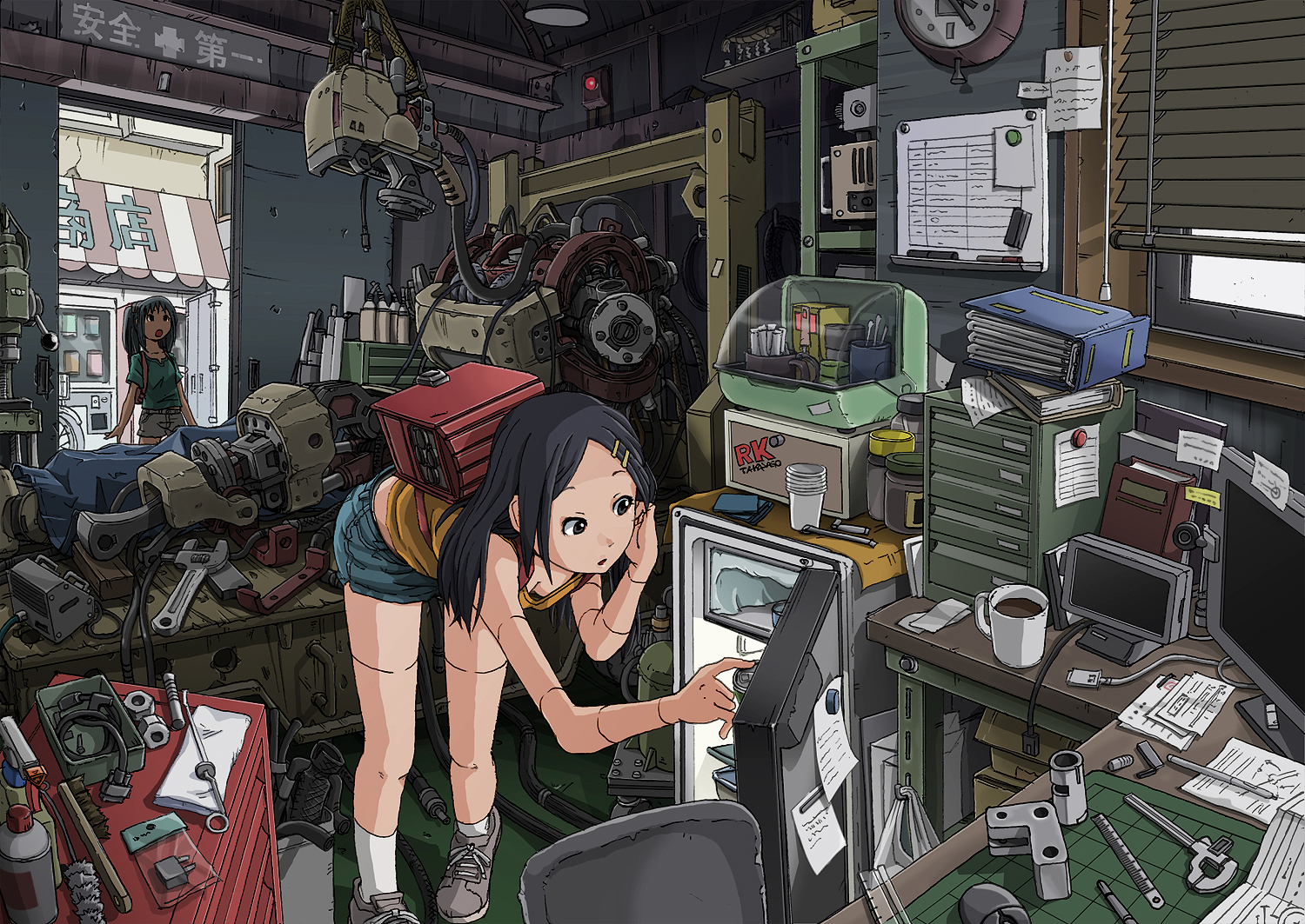 2girls, black_eyes, black_hair, drink, industrial, long_hair, mecha, original, paper, robot, shorts, sukabu, techgirl