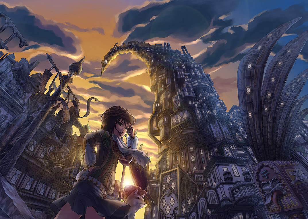 animal, asano_shiki, brown_eyes, brown_hair, clouds, dog, hat, original, scarf, scenic, skirt, sky, sunset