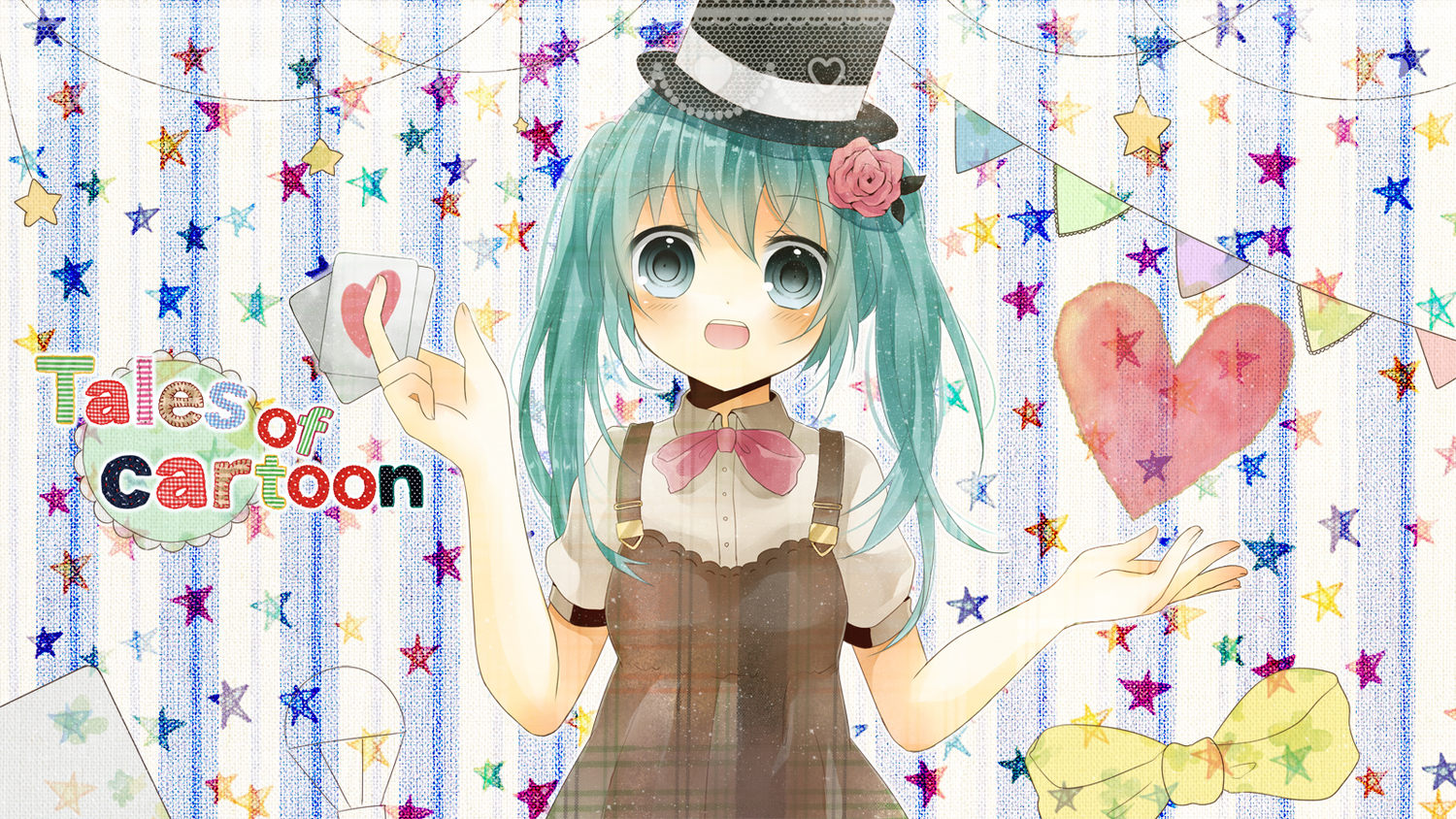 aqua_eyes, aqua_hair, flowers, hat, hatsune_miku, heart, hinanosuke, ribbons, stars, vocaloid