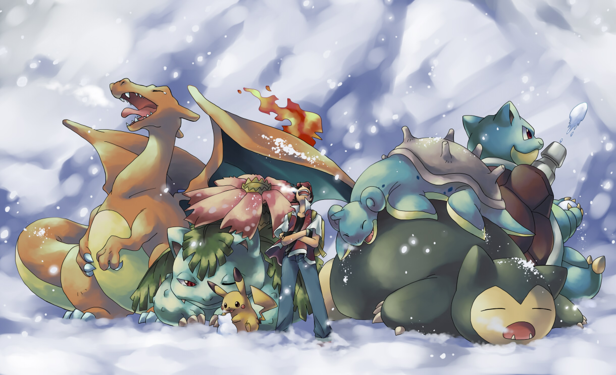 black_hair, blastoise, charizard, dragon, gloves, hat, ibui_matsumoto, lapras, nintendo, pikachu, pokemon, red_(pokemon), red_eyes, snorlax, snow, venusaur