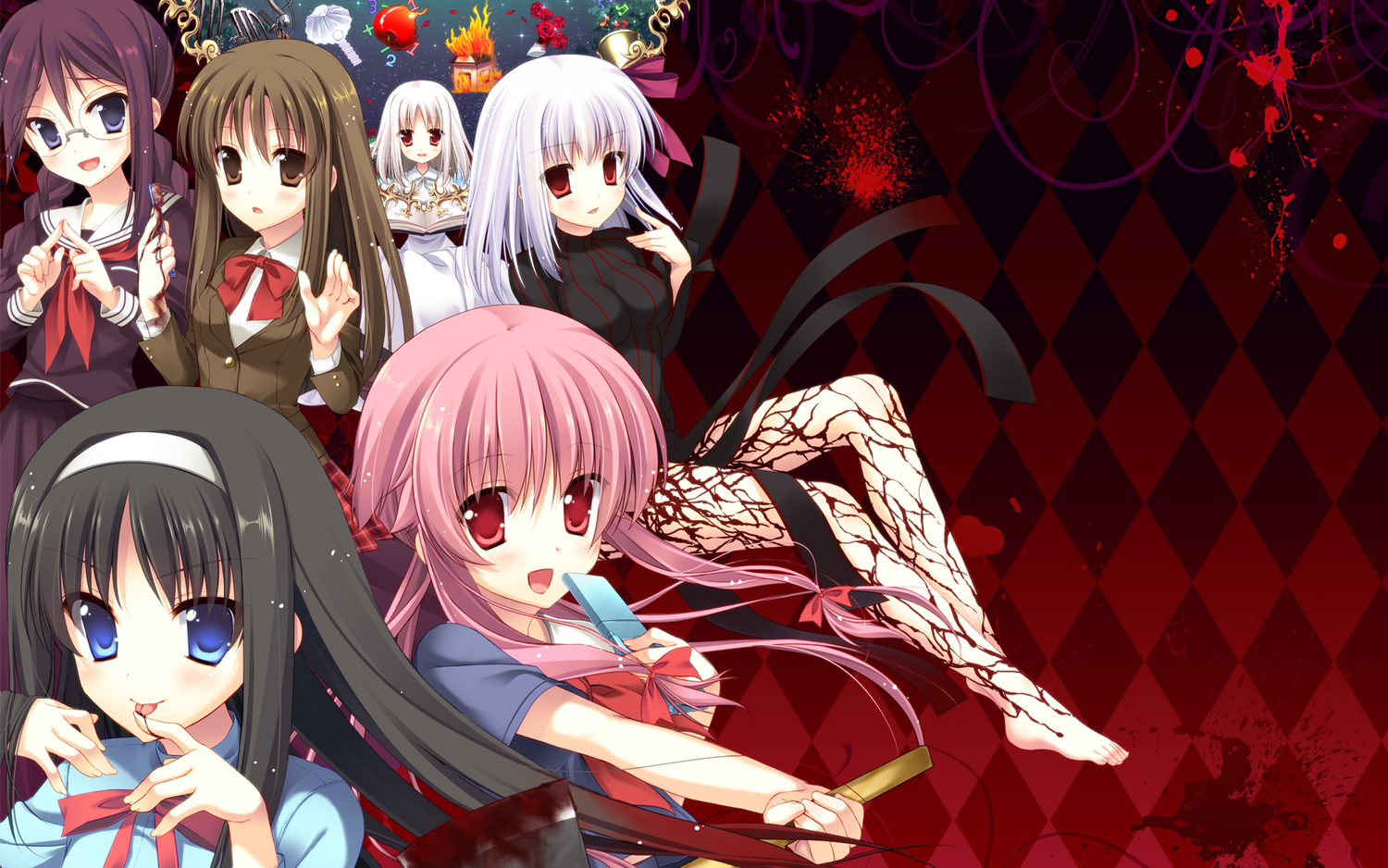 blue_eyes, dangan-ronpa, dark_matou_sakura, el_(sound_horizon), fate_(series), fate/stay_night, fukawa_touko, gasai_yuno, hatori_piyoko, matou_sakura, mirai_nikki, misono_mayu, red_eyes, school_uniform, shingetsutan_tsukihime, sound_horizon, tohno_akiha, usotsuki_mii-kun_to_kowareta_maa-chan