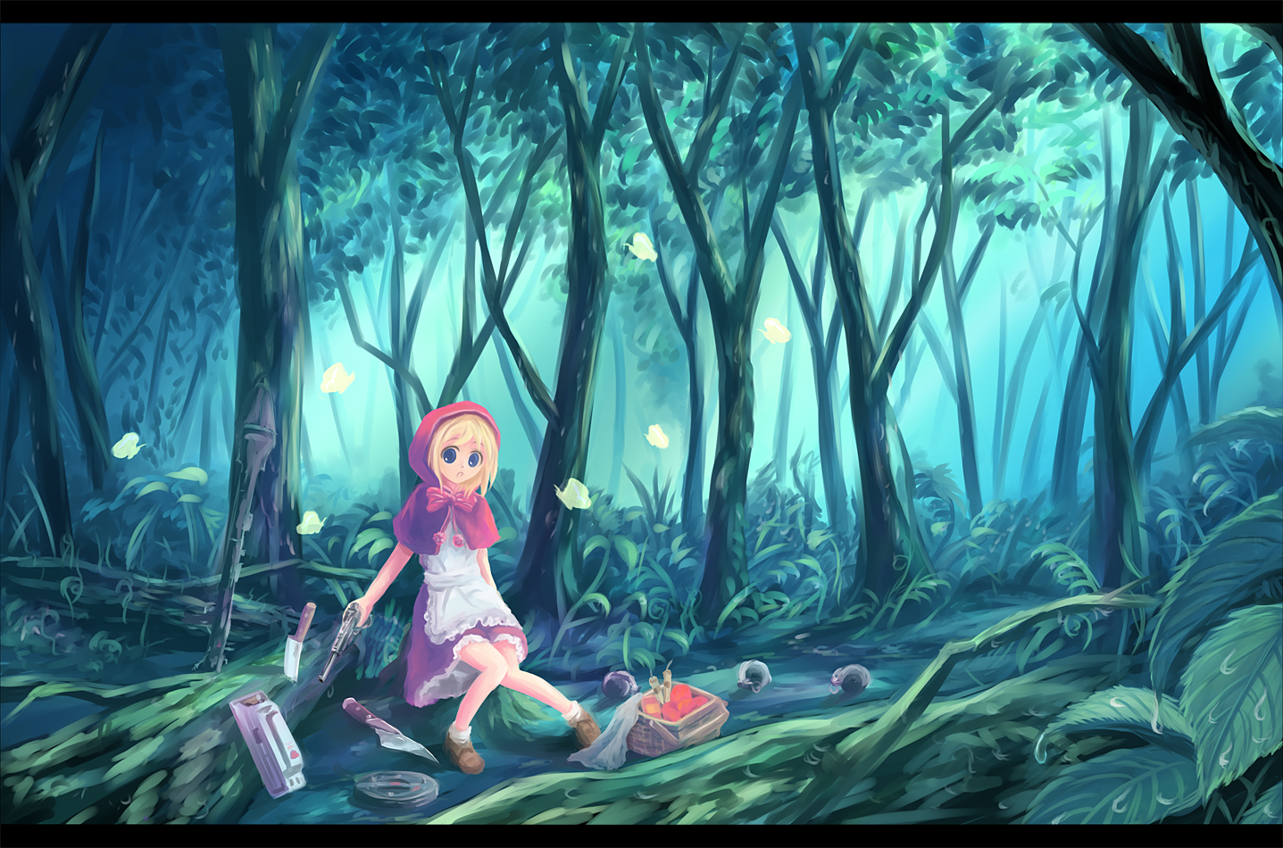 blonde_hair, blue_eyes, bulleta, butterfly, capcom, darkstalkers, food, forest, gun, hiro_(pixiv116462), knife, scenic, tree, weapon