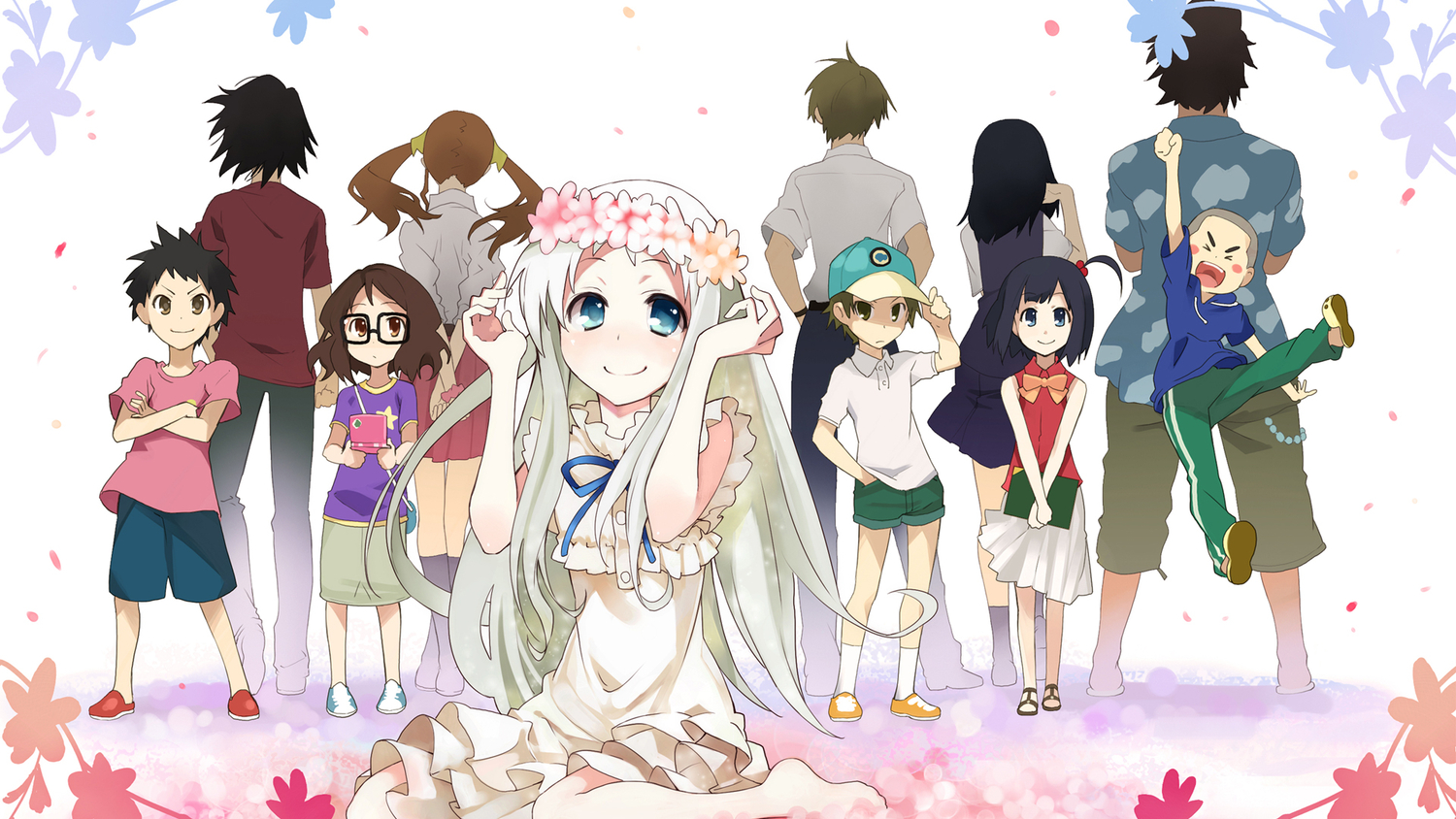 anjou_naruko, ano_hi_mita_hana_no_namae_wo_bokutachi_wa_mada_shiranai, flowers, glasses, hisakawa_tetsudou, honma_meiko, matsuyuki_atsumu, ribbons