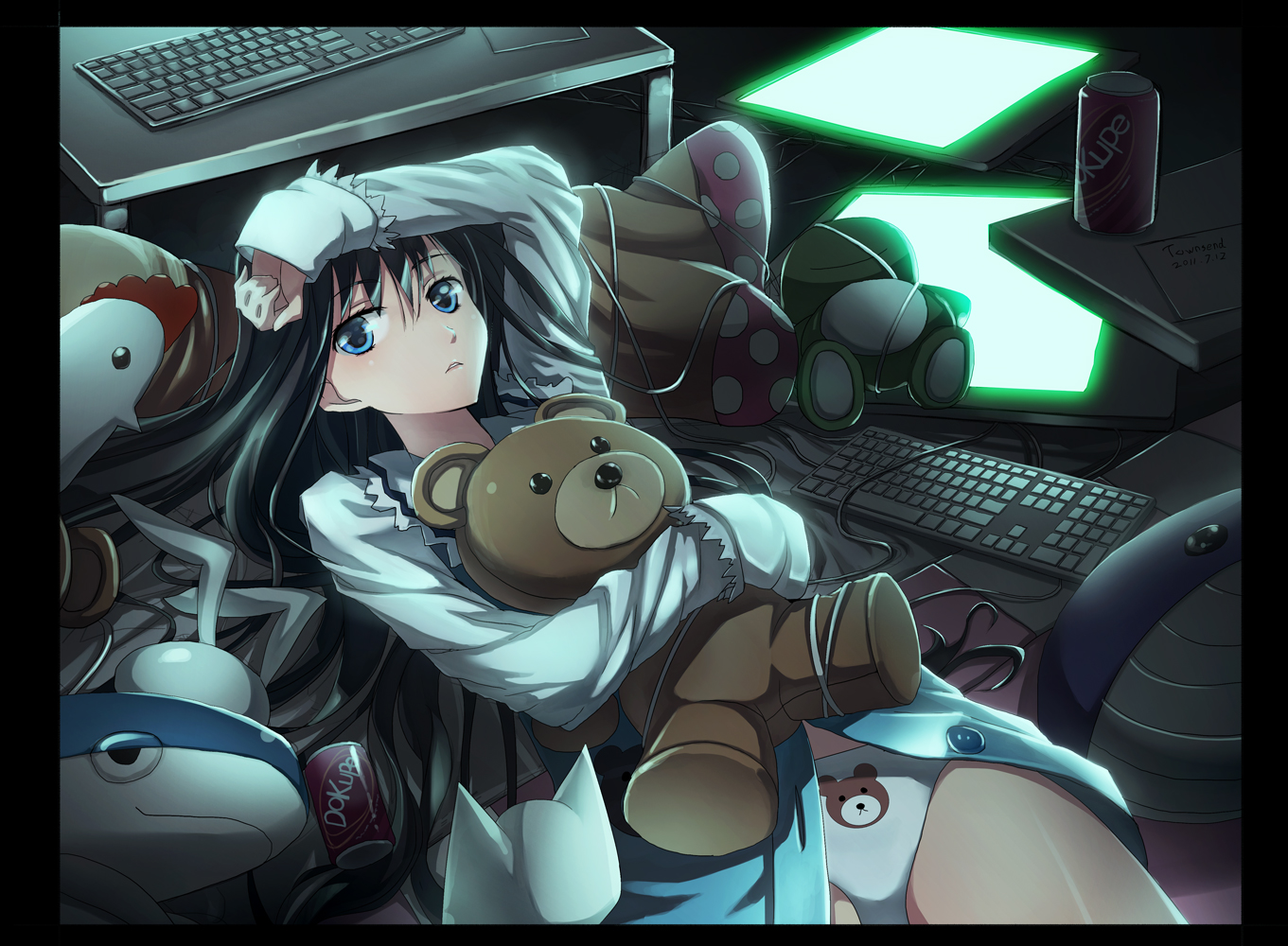 black_hair, blue_eyes, computer, glycyrrhizae, kamisama_no_memo_chou, long_hair, pajamas, panties