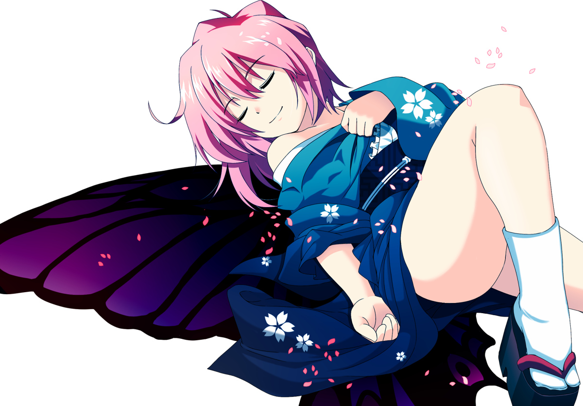 butterfly, japanese_clothes, petals, pink_hair, saigyouji_yuyuko, shijimi-sama, touhou, white