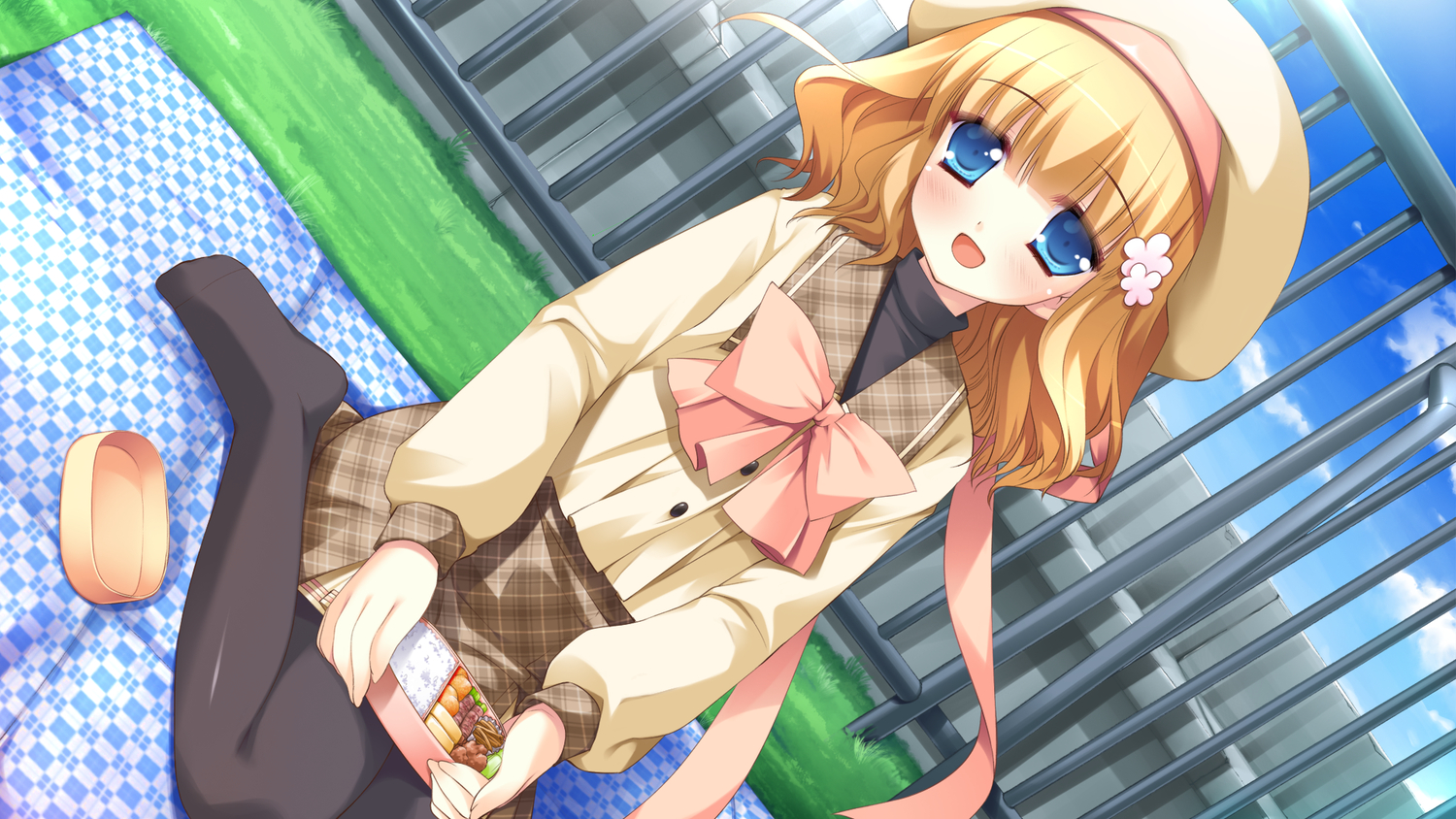 blue_eyes, food, game_cg, hat, hazuki_suina, hyper_highspeed_genius, miyasu_risa, school_uniform, windmill_(company)