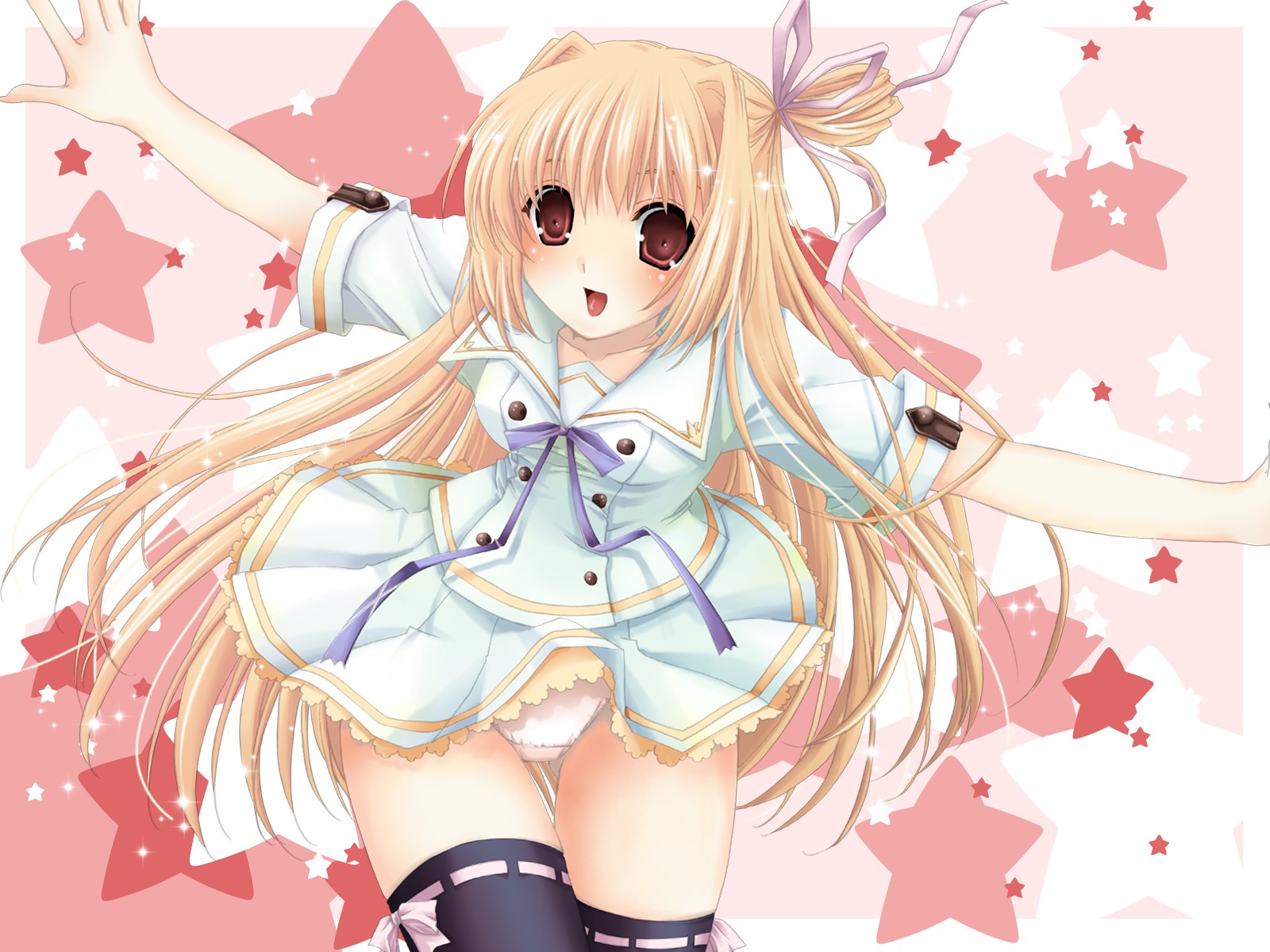blonde_hair, hoshiful, kusuhara_kotone, long_hair, panties, red_eyes, school_uniform, stars