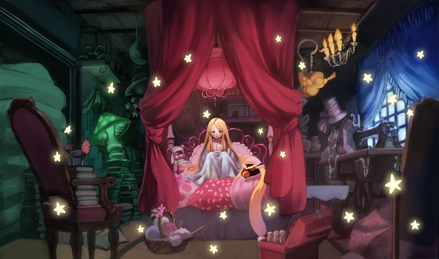 bed, blonde_hair, book, dress, kei_t_sr, long_hair, mawaru_penguindrum, purple_eyes, stars, takakura_himari