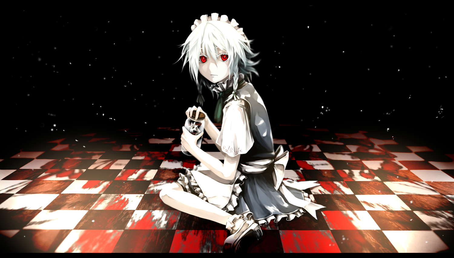 akihira_fujinohara, blood, dress, flowers, izayoi_sakuya, maid, red_eyes, skirt, touhou