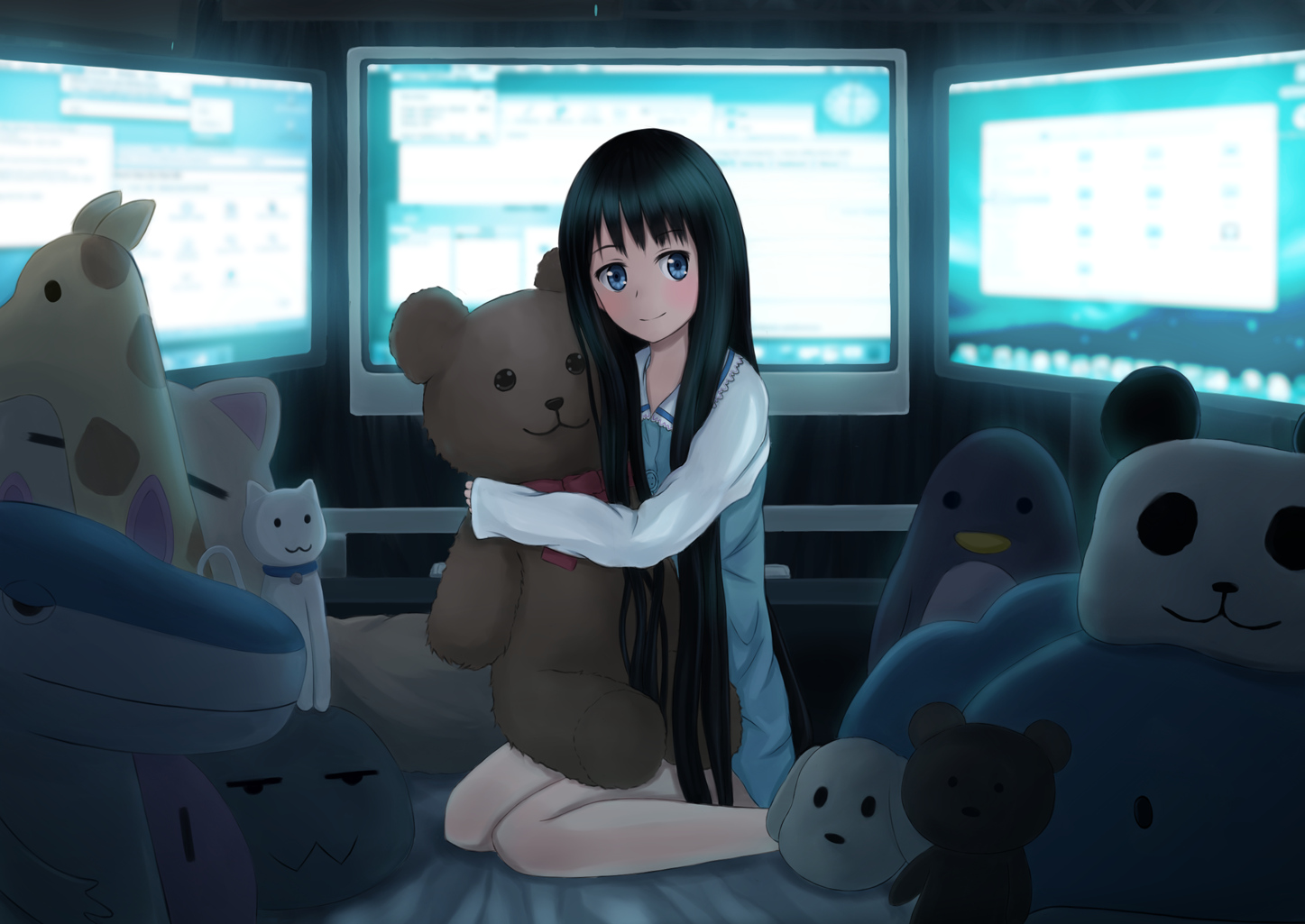 black_hair, blue_eyes, blush, computer, dark, kamisama_no_memo_chou, long_hair, shionji_yuuko