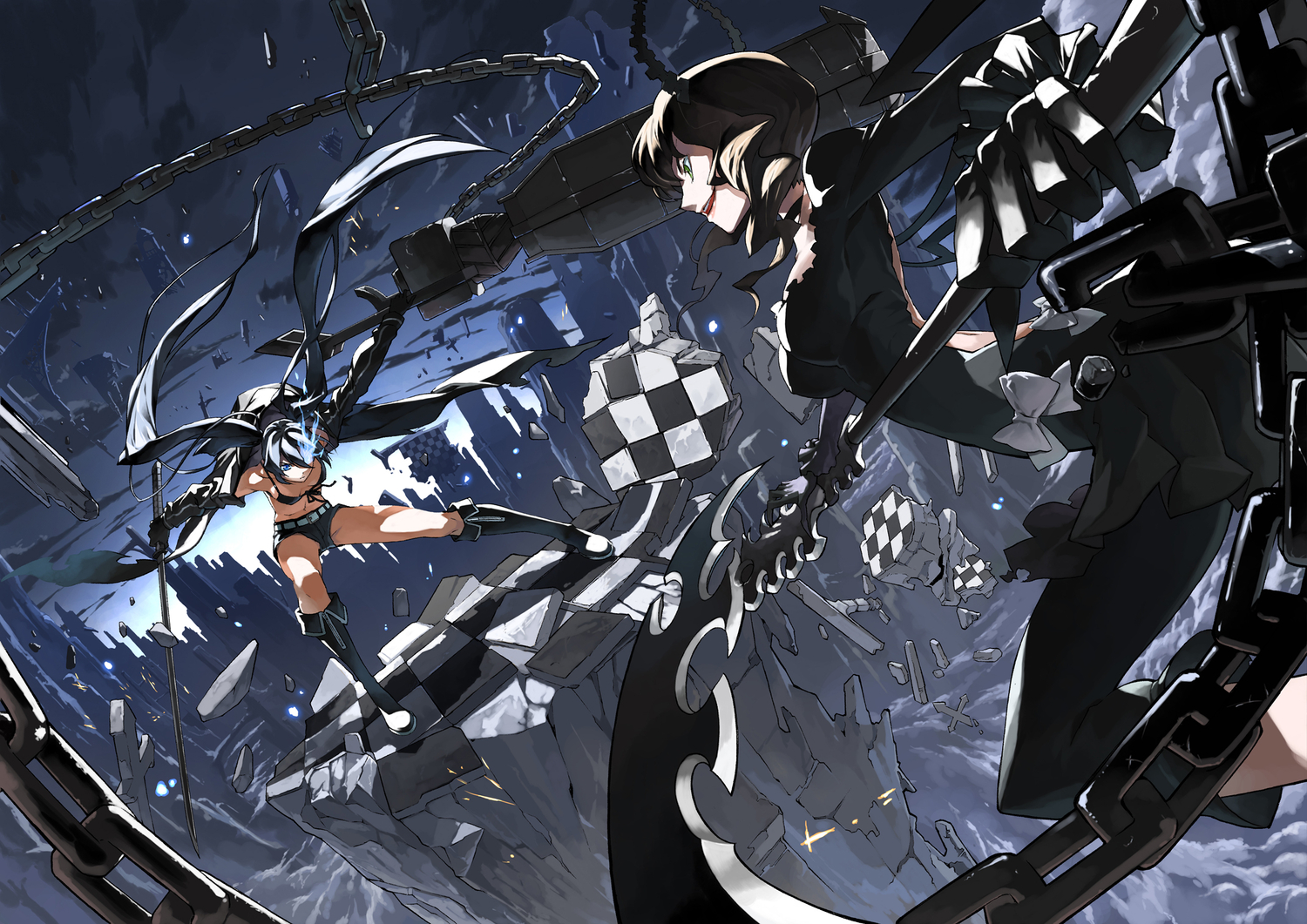 2girls, bikini_top, black_hair, black_rock_shooter, chain, justminor, kuroi_mato, long_hair