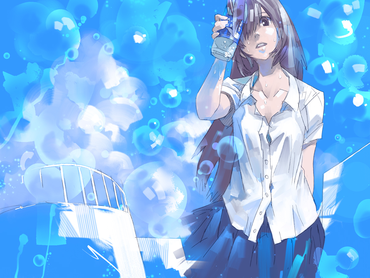 brown_eyes, brown_hair, bubbles, clouds, drink, long_hair, original, risa_hibiki