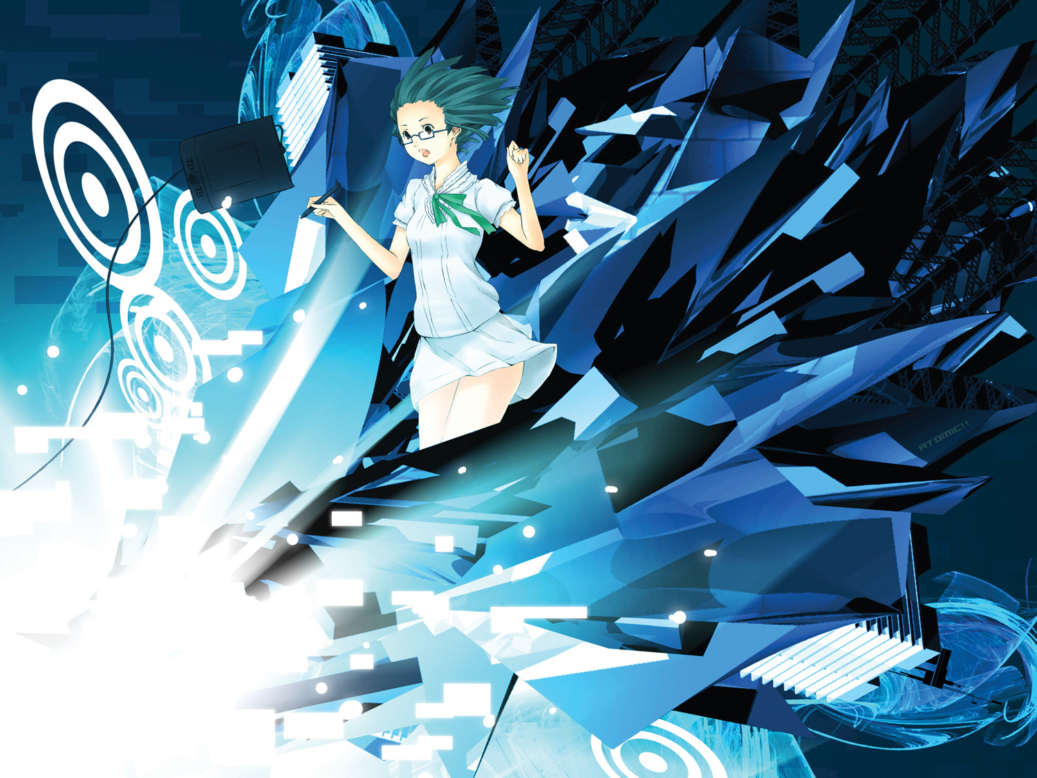 blue, brown_eyes, glasses, green_hair, kanden, original, ribbons, short_hair, skirt