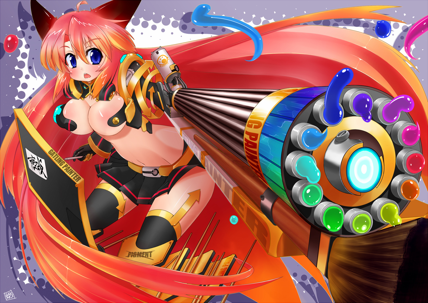 animal_ears, blue_eyes, blush, breasts, cleavage, gun, jitetsu_otoko_ddn, long_hair, original, red_hair, skirt, thighhighs, underboob, weapon