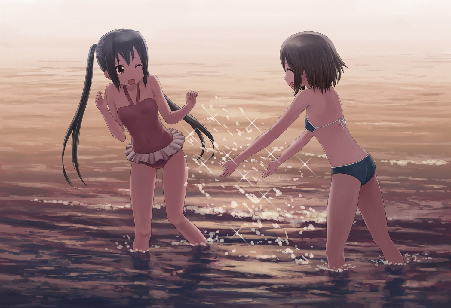 bikini, hirasawa_yui, isou_nagi, k-on!, nakano_azusa, swimsuit, twintails, water