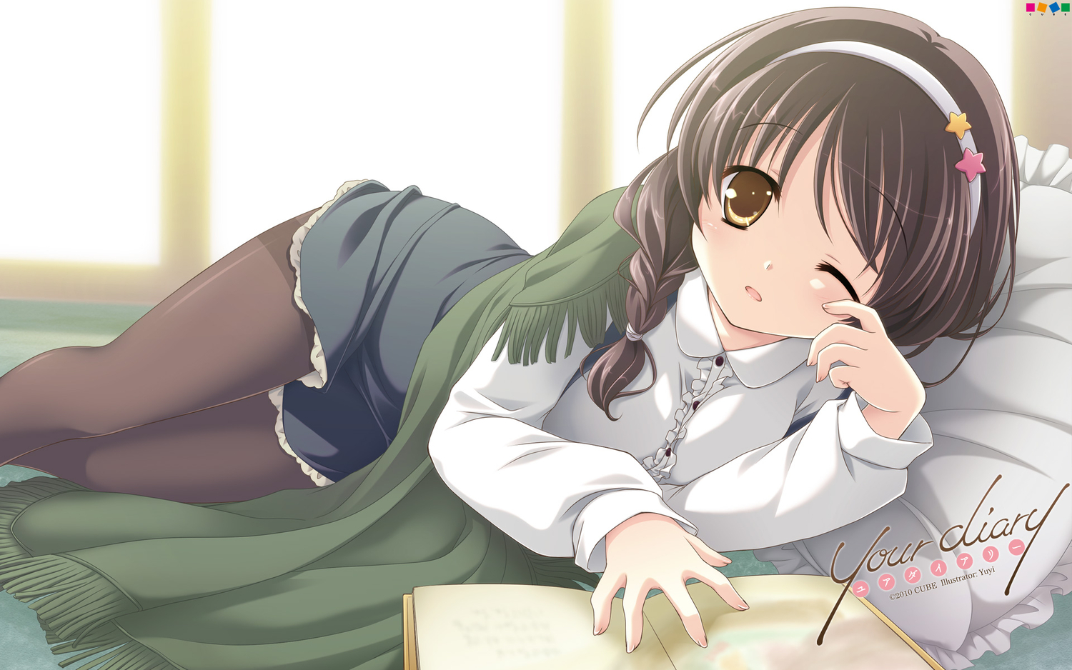 book, brown_hair, cube, hirosaki_kanade, pantyhose, your_diary, yuyi