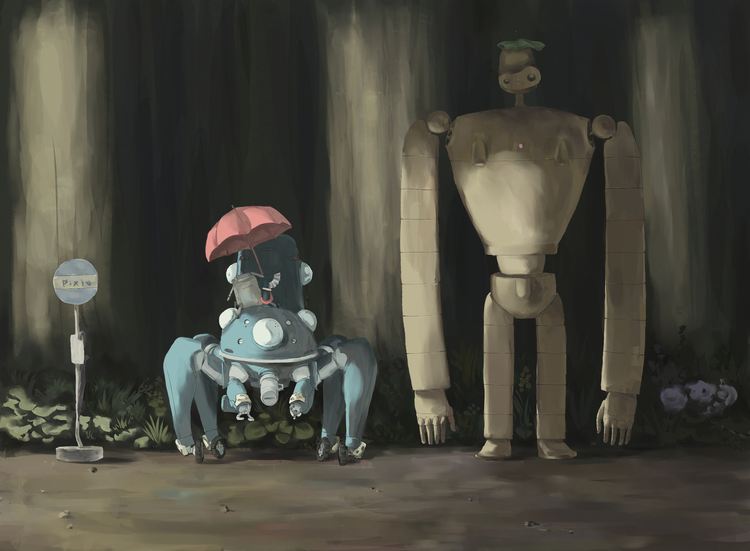 crossover, ghost_in_the_shell, iridori, laputa:_castle_in_the_sky, parody, robot, tachikoma, tonari_no_totoro, tree, umbrella