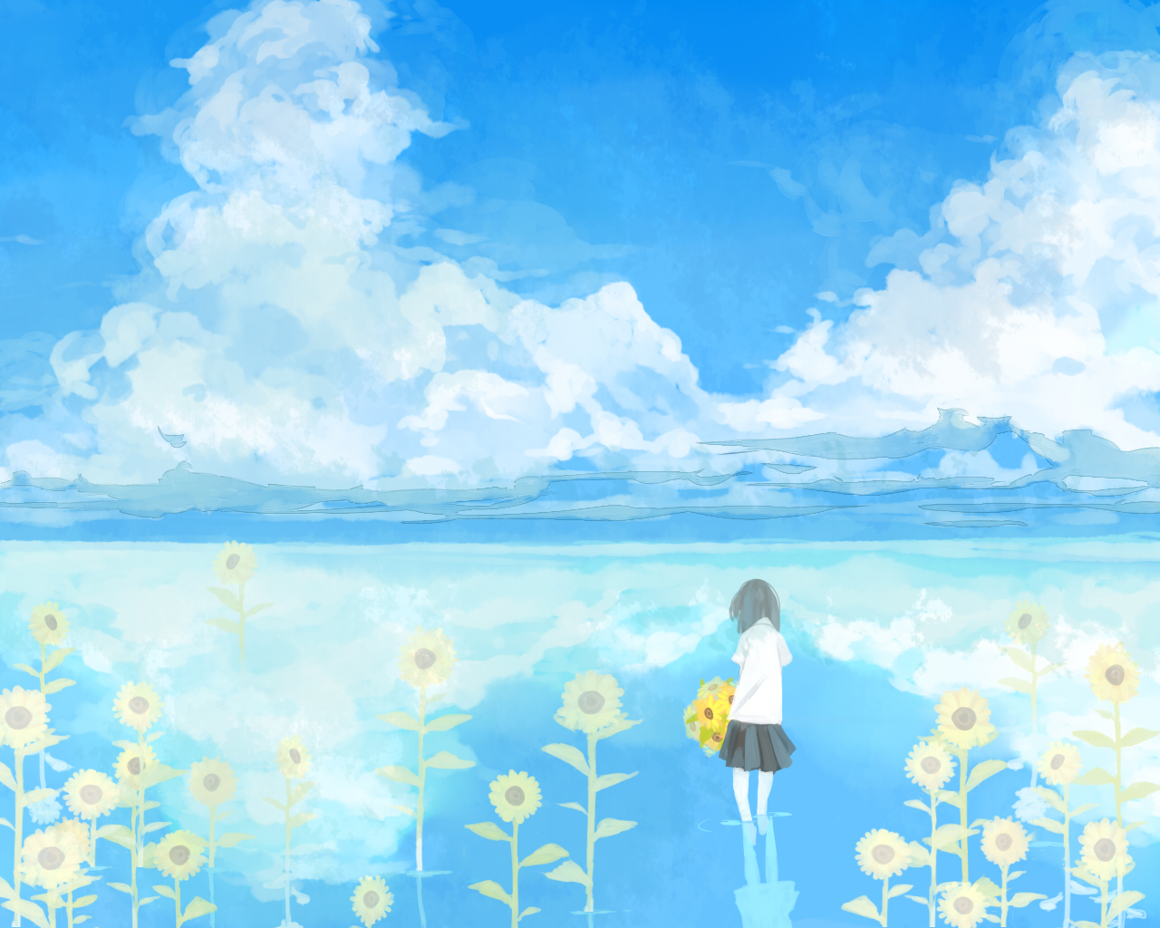 anbivarens, clouds, flowers, original, scenic, skirt, sky, sunflower, water, wet