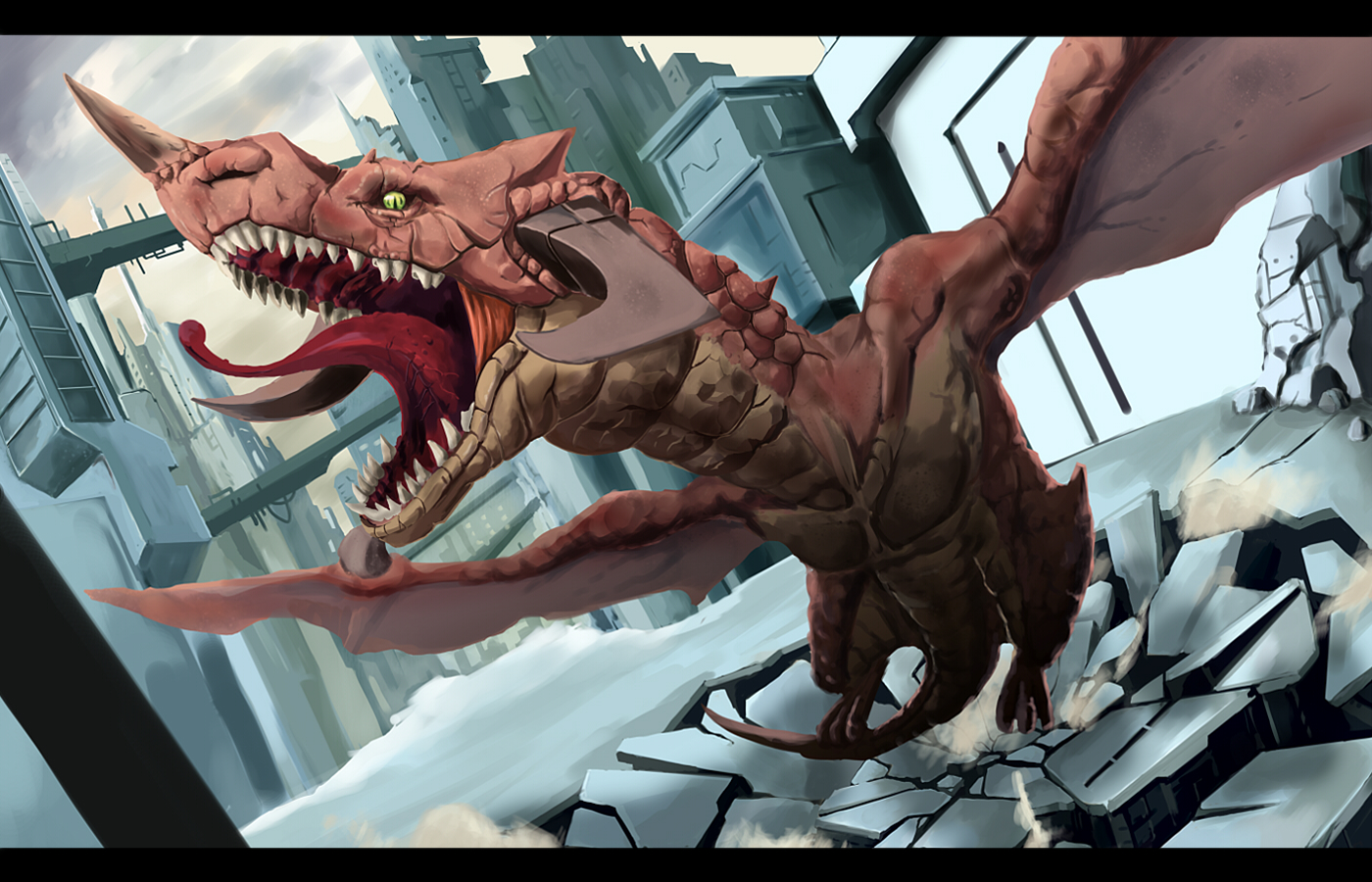 building, city, dragon, mikannsisyou, original