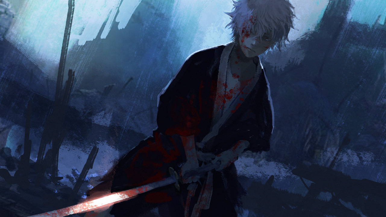 all_male, blood, blue_eyes, dark, gintama, japanese_clothes, male, monochrome, sakata_gintoki, sword, tkr_(lovedelic99), weapon, white_hair