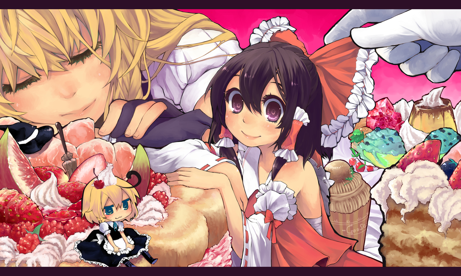 bow, cake, chibi, dress, food, goose_h, hakurei_reimu, japanese_clothes