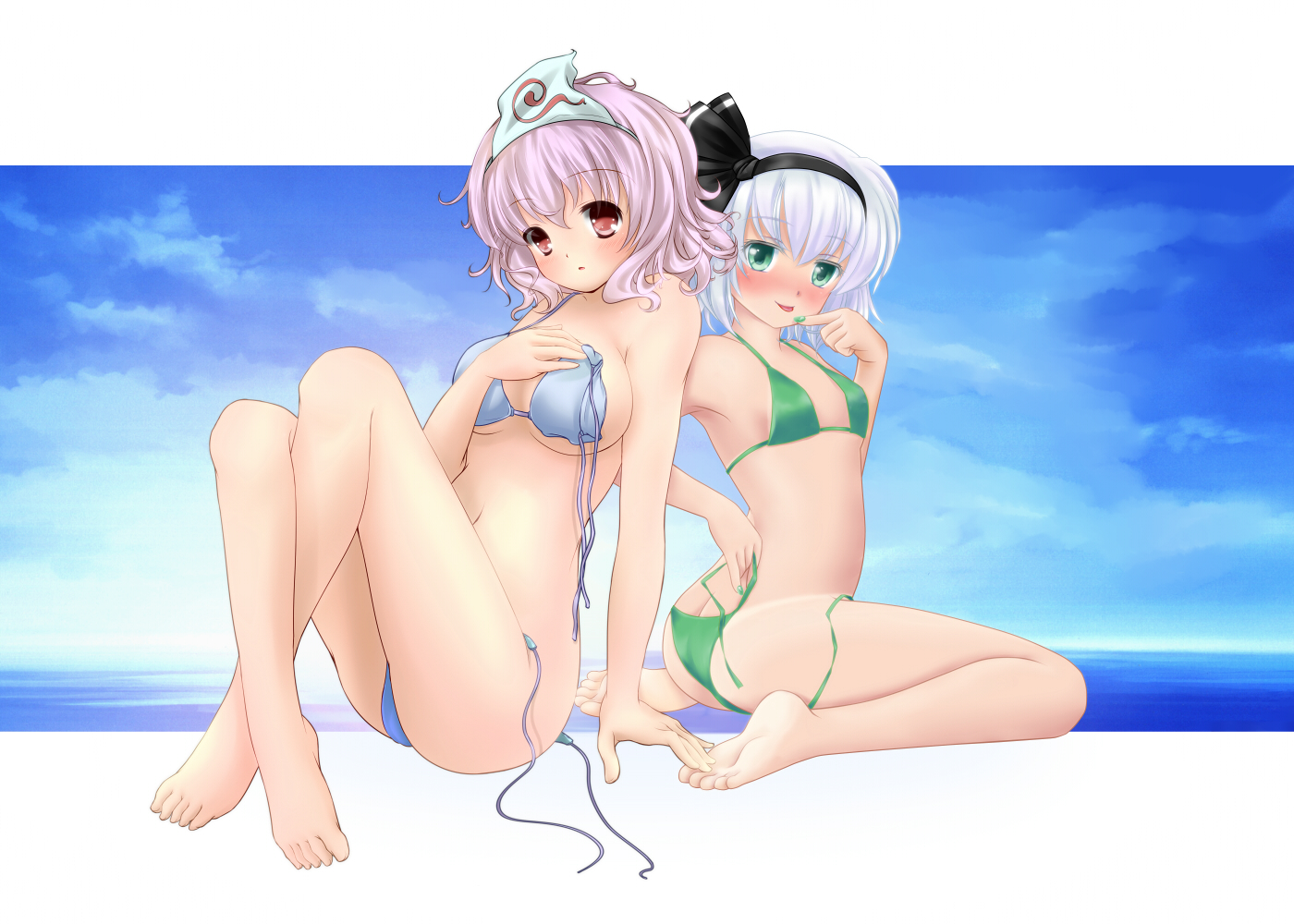 barefoot, beach, bikini, blue_eyes, blush, konpaku_youmu, nekokotei, pink_hair, red_eyes, saigyouji_yuyuko, swimsuit, tan_lines, touhou