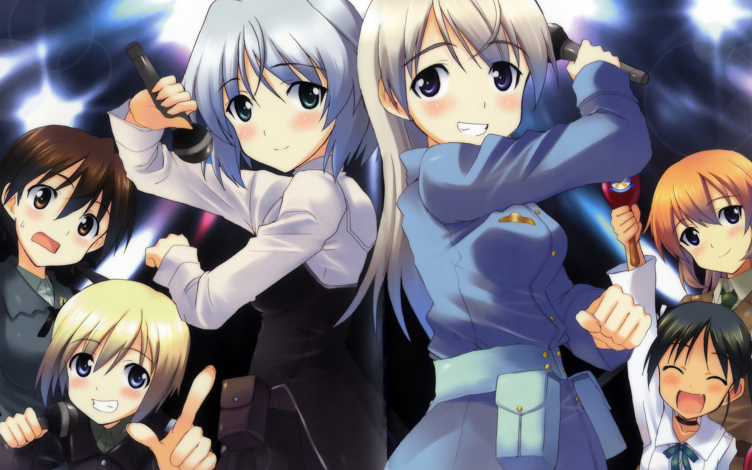 blush, charlotte_e_yeager, eila_ilmatar_juutilainen, erica_hartmann, francesca_lucchini, gertrud_barkhorn, kyogoku_shin, microphone, sanya_v_litvyak, strike_witches