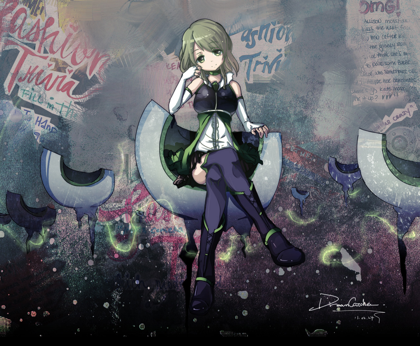 boots, dreamcatcher, green_eyes, green_hair, mahou_shoujo_madoka_magica, shizuki_hitomi, signed, thighhighs