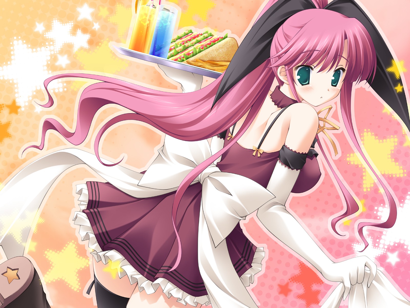 dress, drink, food, futaba_hinata, green_eyes, hoshiful, ikegami_akane, red_hair, stars, thighhighs, waitress