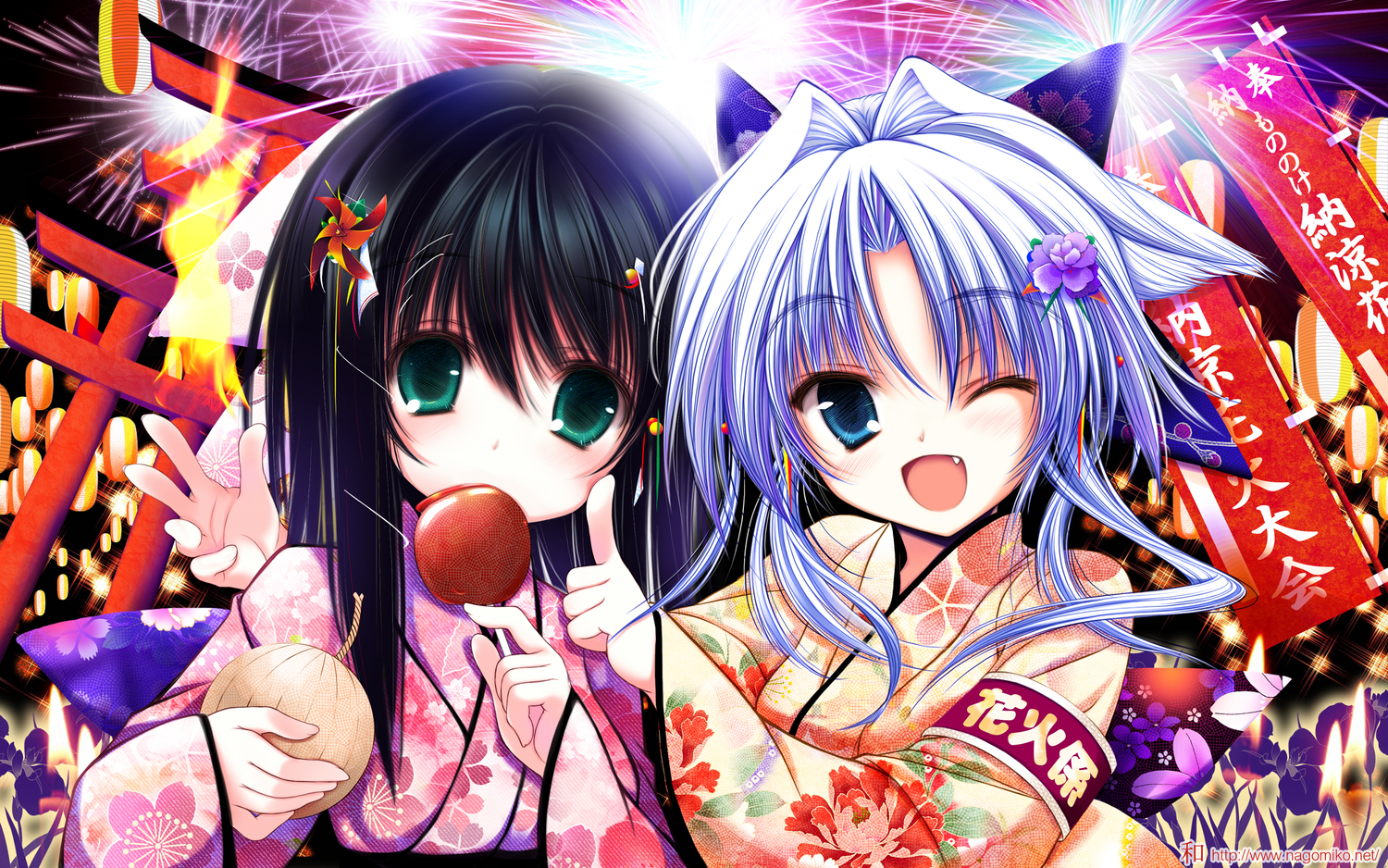 apple, black_hair, blue_eyes, blue_hair, fang, festival, fireworks, flowers