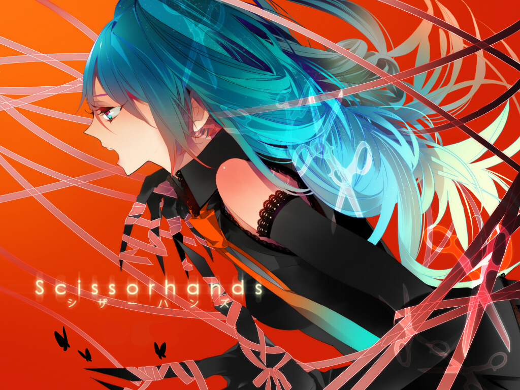 aqua_eyes, aqua_hair, butterfly, hatsune_miku, kanamura_ren, long_hair, red, vocaloid