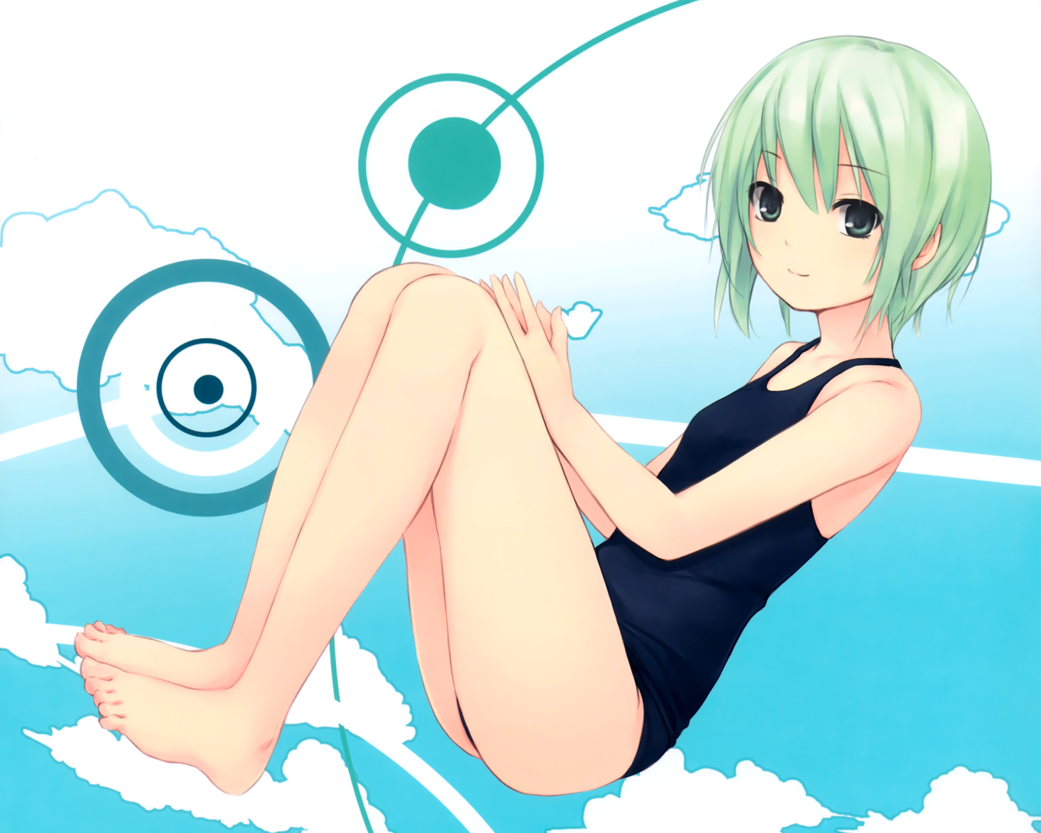 barefoot, coffee-kizoku, cure_girl, green_eyes, green_hair, kagamihara_itsuha, school_swimsuit, short_hair, swimsuit
