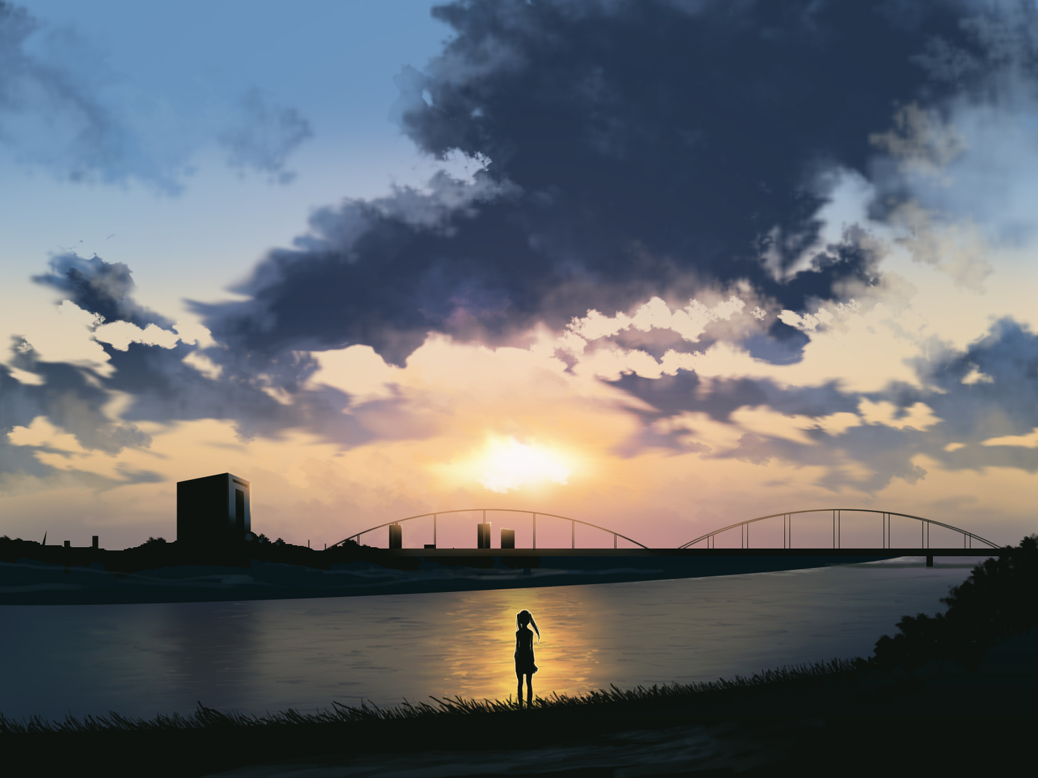 clouds, grass, scenic, skirt, sky, sunset, tomo1030, twintails, water
