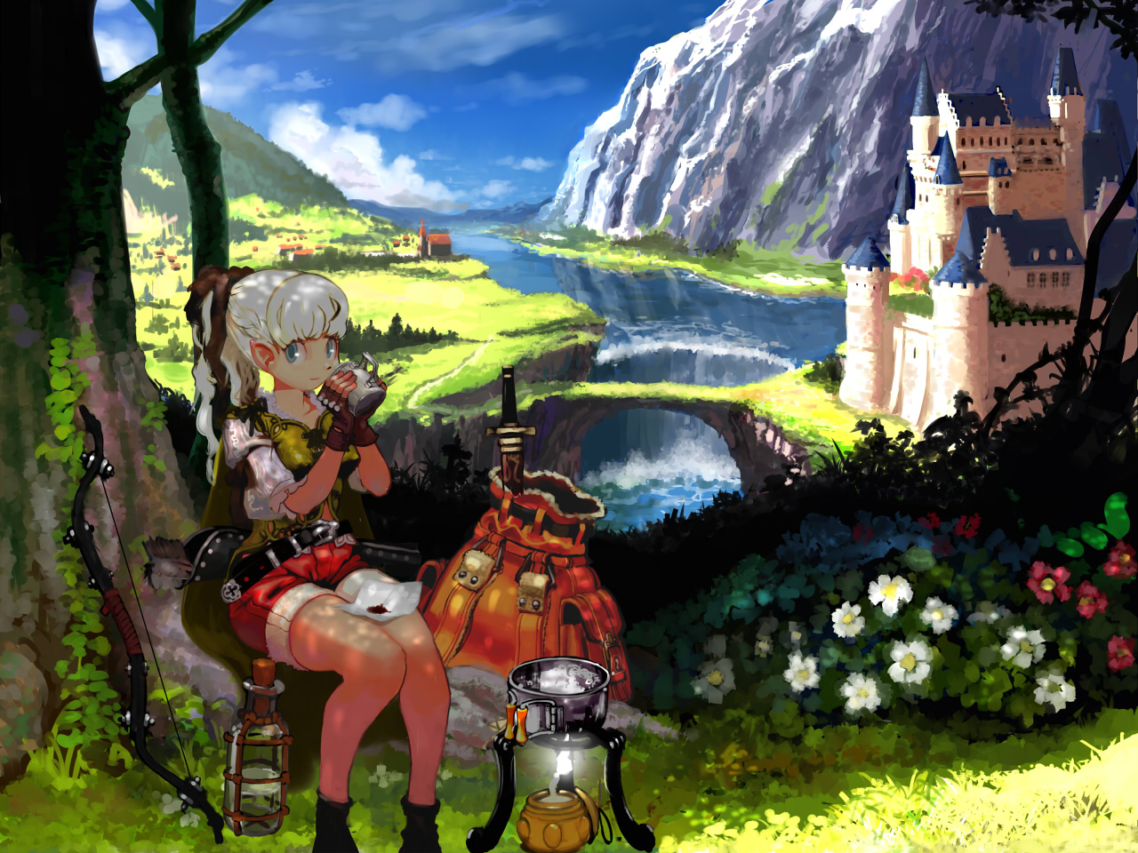 blue_eyes, bow, bow_(weapon), drink, flowers, gloves, grass, kesomaru, original, pointed_ears, ponytail, scenic, shorts, sky, sword, tree, water, waterfall, weapon, white_hair