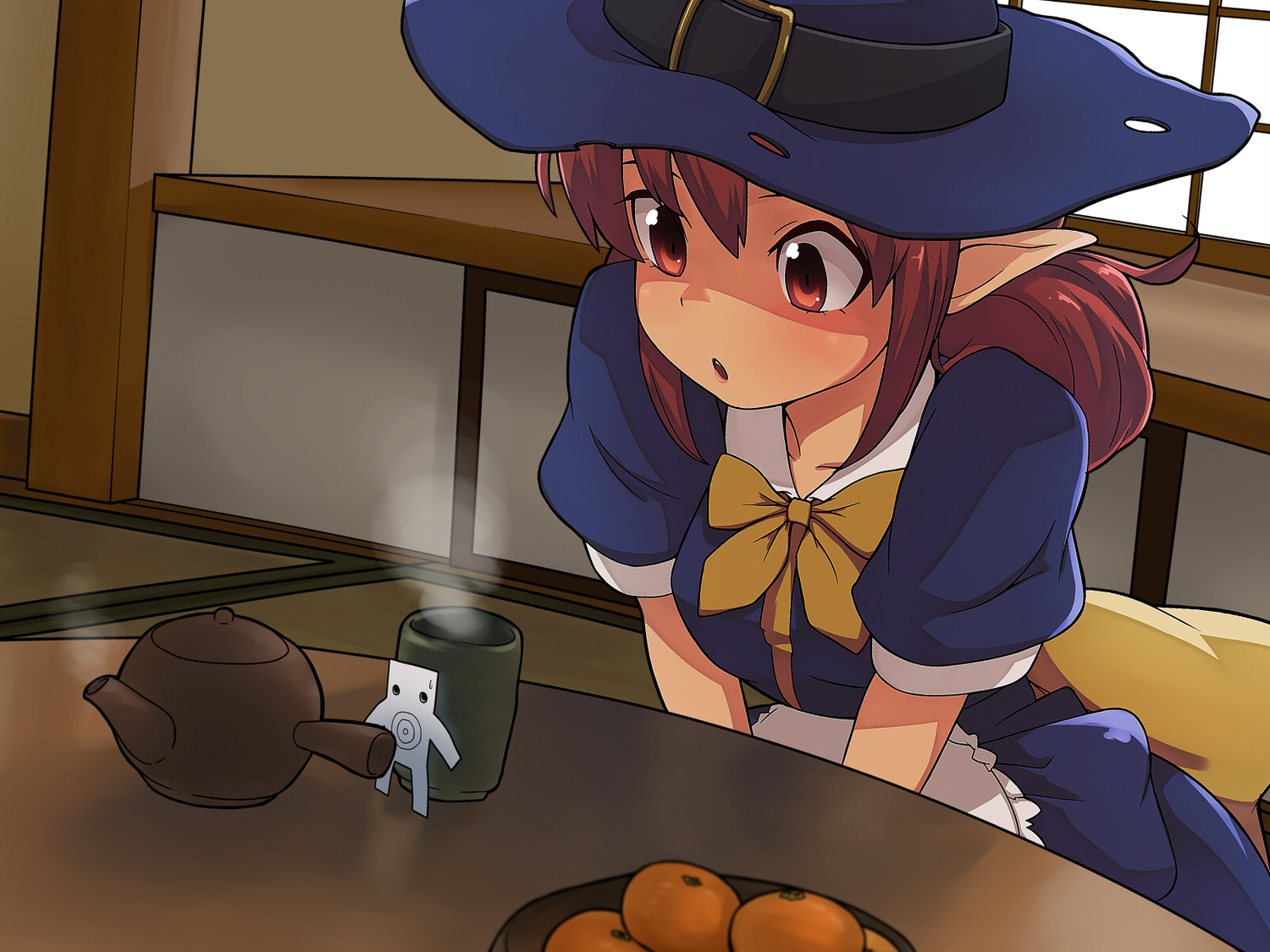 bow, brown_eyes, drink, food, hat, paperman, pu-chin, red_hair