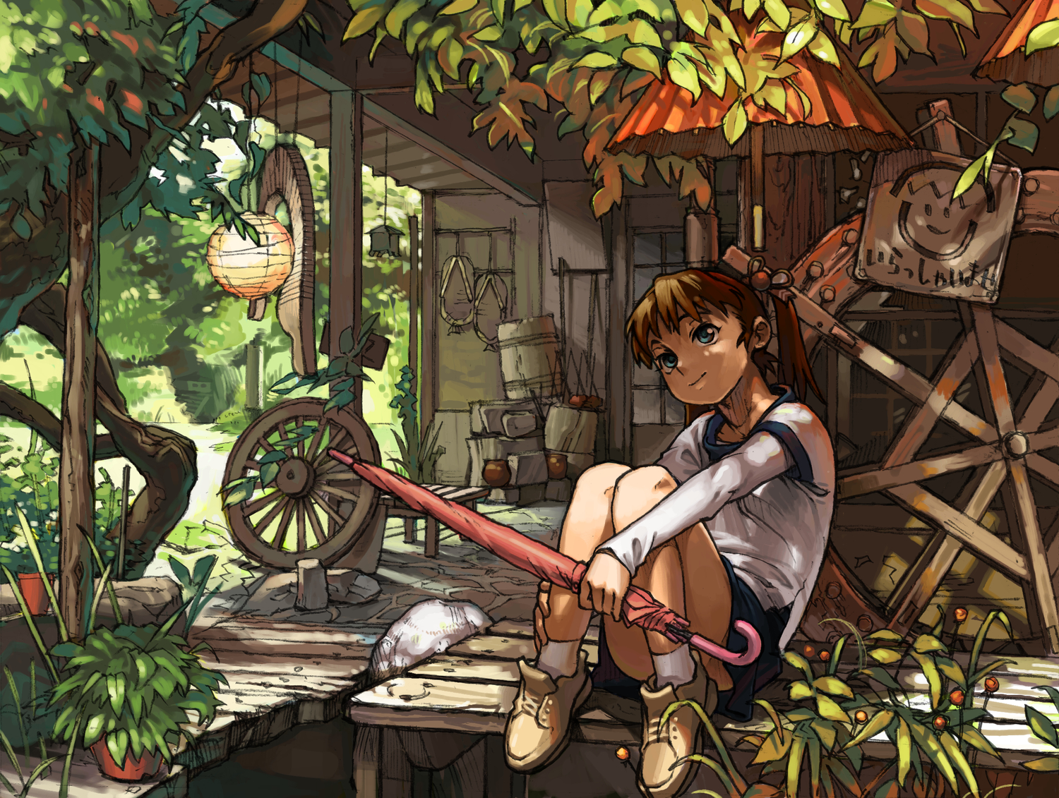 blue_eyes, brown_hair, jikan_hakushaku, leaves, original, ponytail, skirt, tree