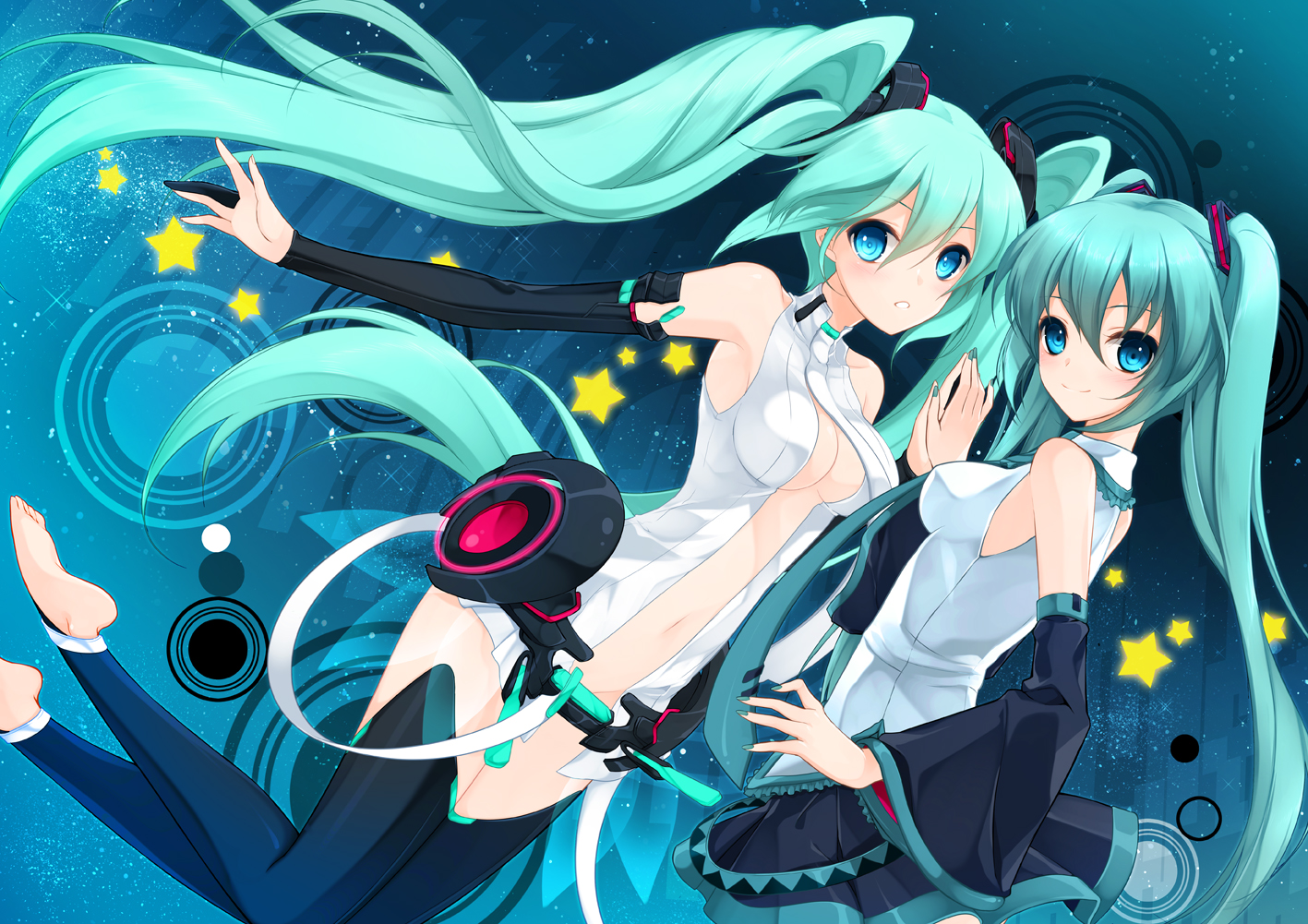 aqua_hair, barefoot, blue_eyes, breasts, cleavage, hatsune_miku, juna, miku_append