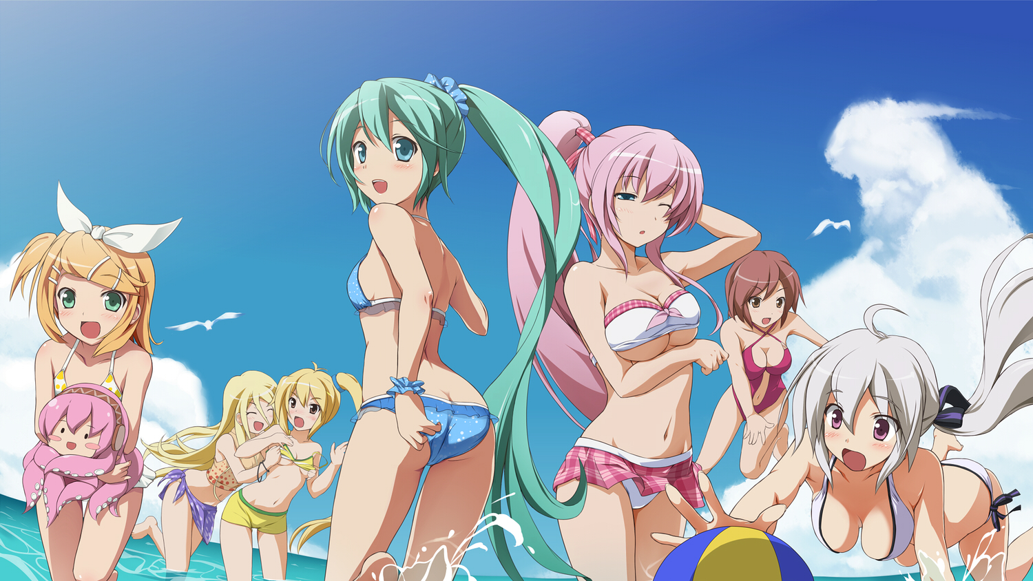 akita_neru, ball, beach, bikini, group, hatsune_miku, kagamine_rin, kotobamaru, lily_(vocaloid), megurine_luka, meiko, navel, swimsuit, takoluka, vocaloid, yowane_haku