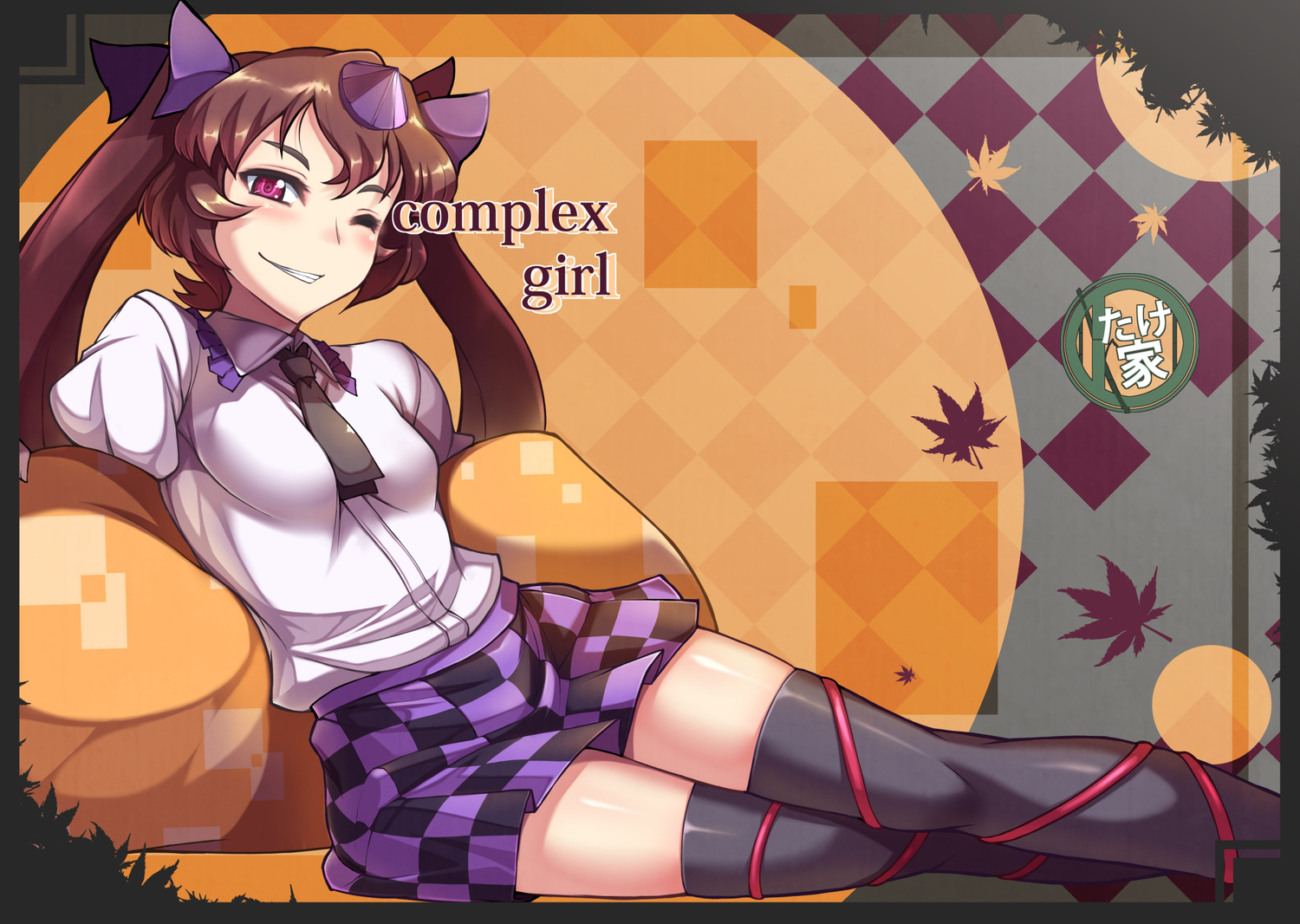 bow, brown_hair, hat, himekaidou_hatate, red_eyes, skirt, taketora, thighhighs, touhou, twintails, wink