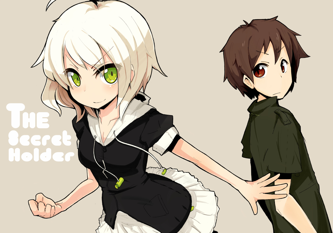 arai_seiryuu, blush, brown_hair, green_eyes, original, red_eyes, white_hair