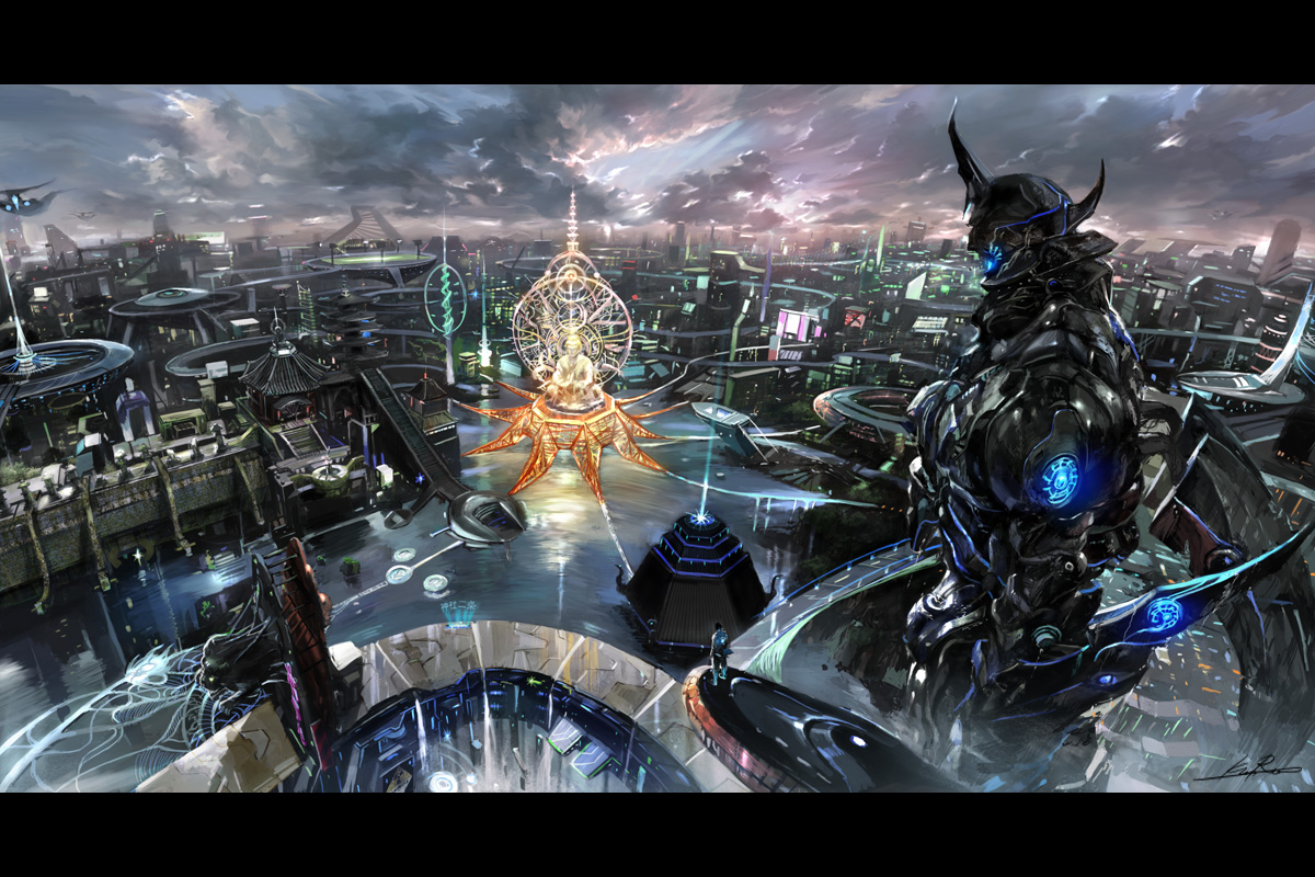 armor, building, city, clouds, mecha, original, robot, scenic, sky, yap_kun_rong