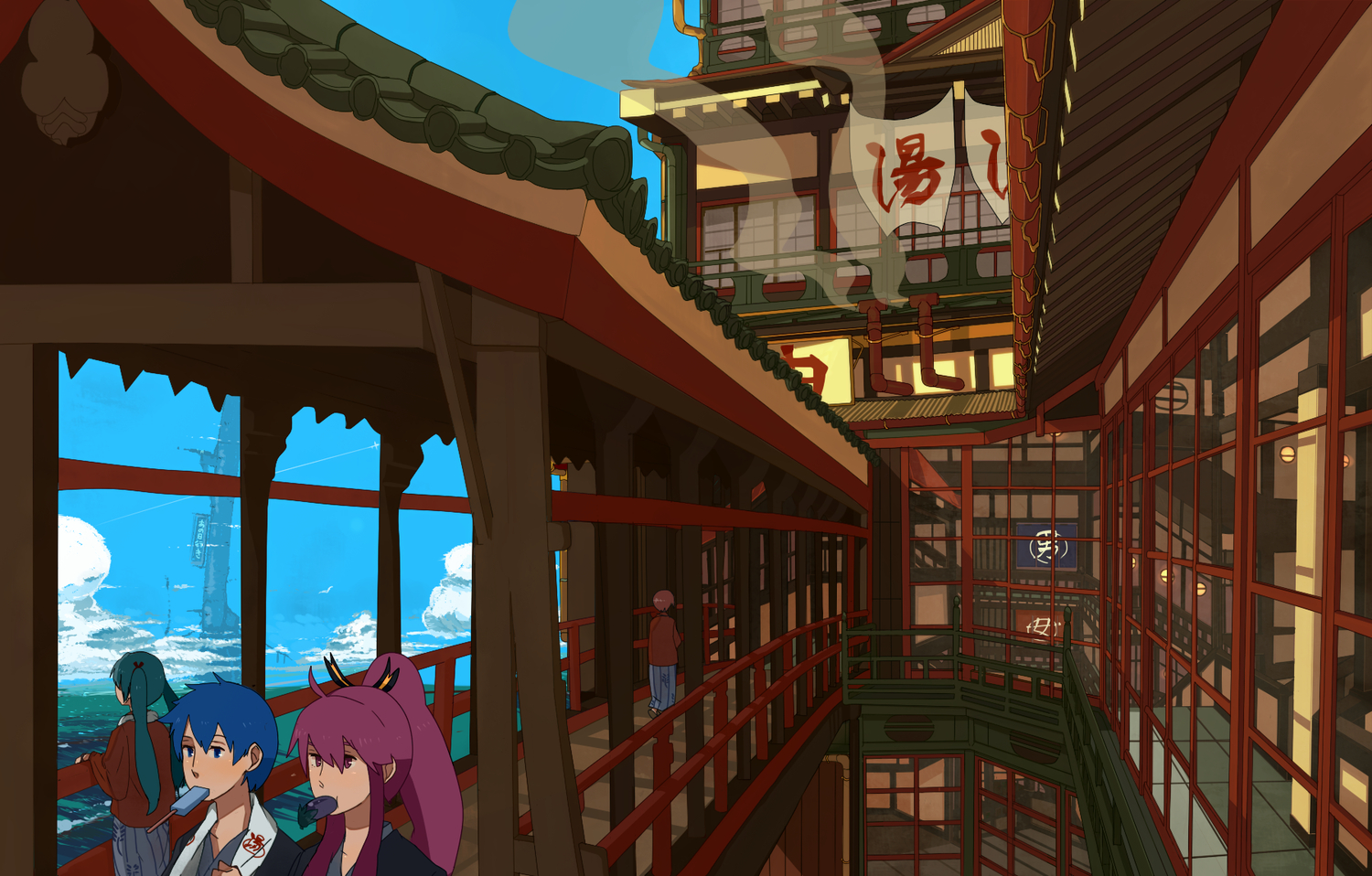 blue_eyes, blue_hair, brown_hair, clouds, hatsune_miku, japanese_clothes, kaito, kamui_gakupo, long_hair, male, meiko, nanora, ponytail, popsicle, purple_eyes, purple_hair, scenic, short_hair, sky, twintails, vocaloid