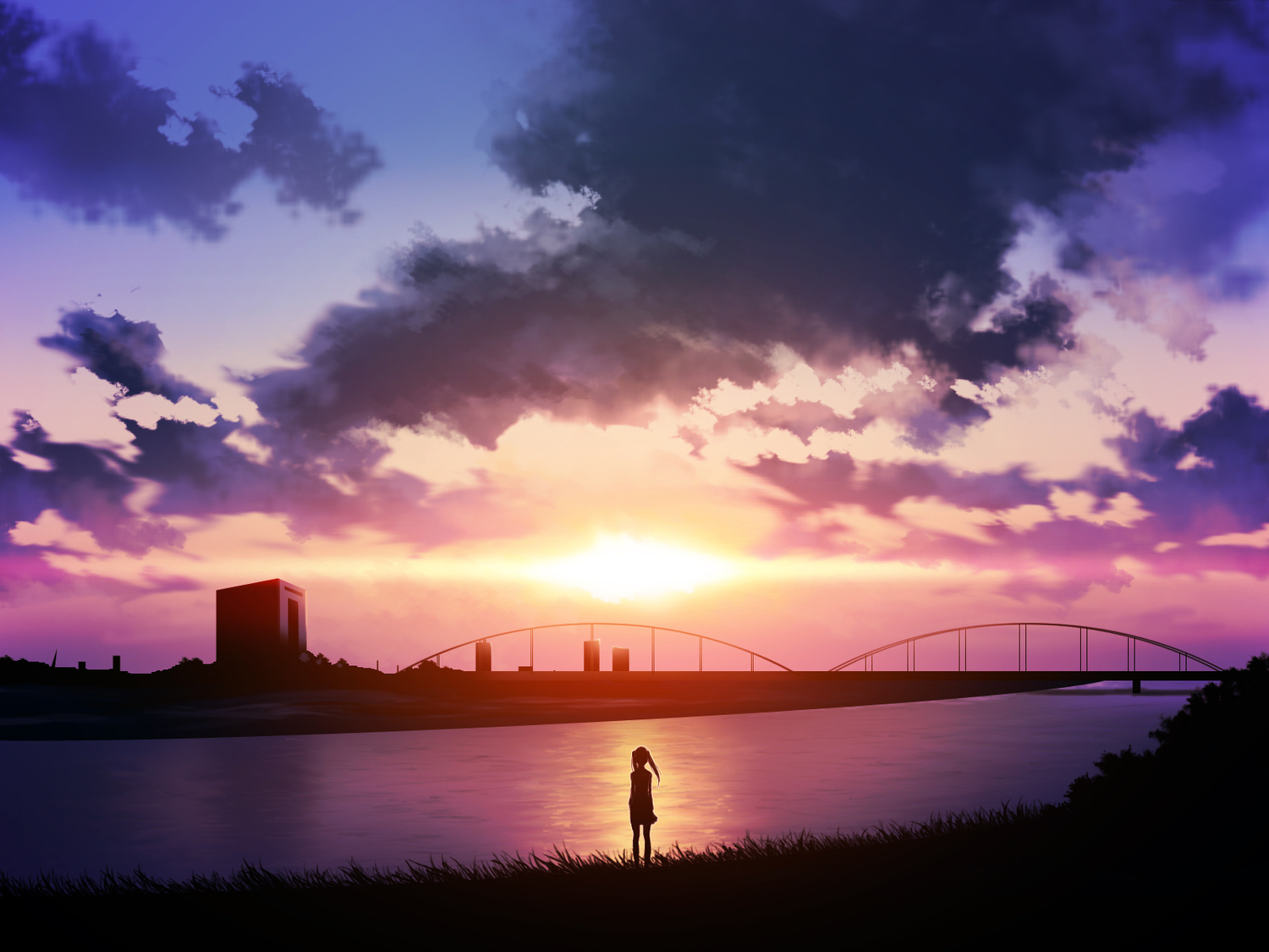 clouds, grass, scenic, skirt, sky, sunset, tomo1030, twintails, water