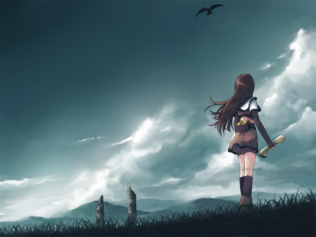 animal, bird, brown_hair, clouds, grass, hunter_(ragnarok_online), long_hair, ragnarok_online, skirt, sky, yakka