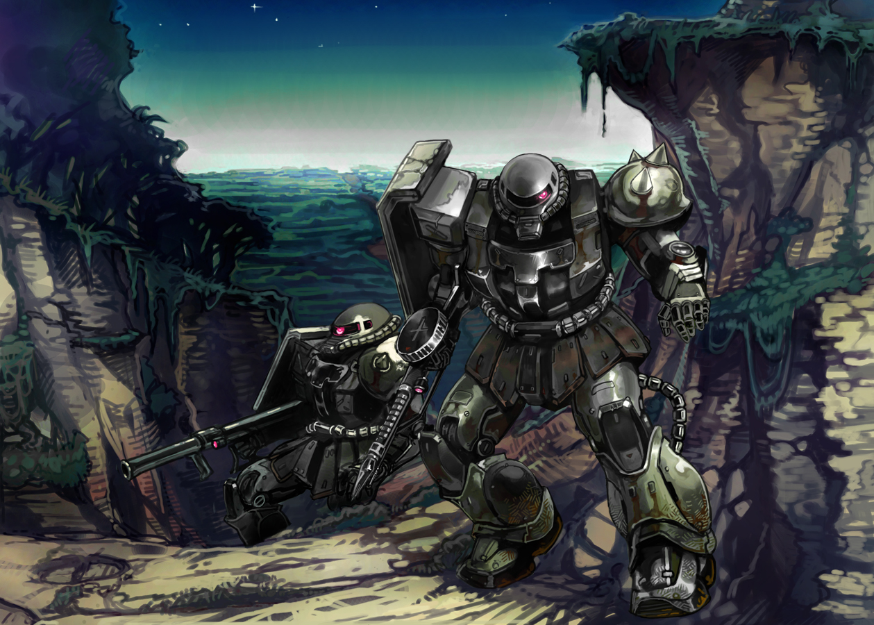 gun, mecha, mobile_suit_gundam, night, stars, touge_(kubiwa_tsuki), weapon, zaku_ii_f/j